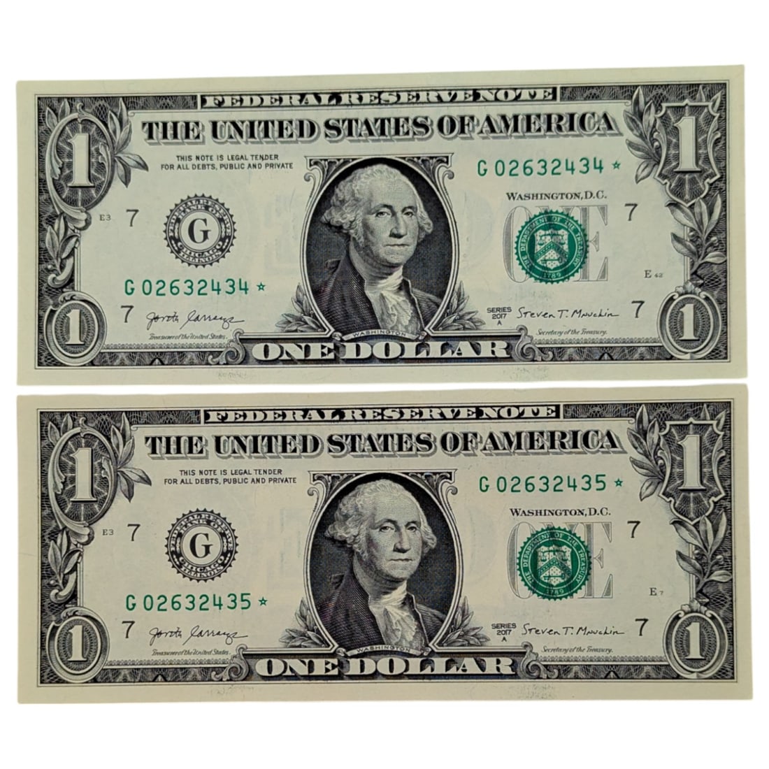 Lot of 2 Uncirculated Consecutive 2017-A $1 Notes - Green Seal Star Notes (1 of 2)
