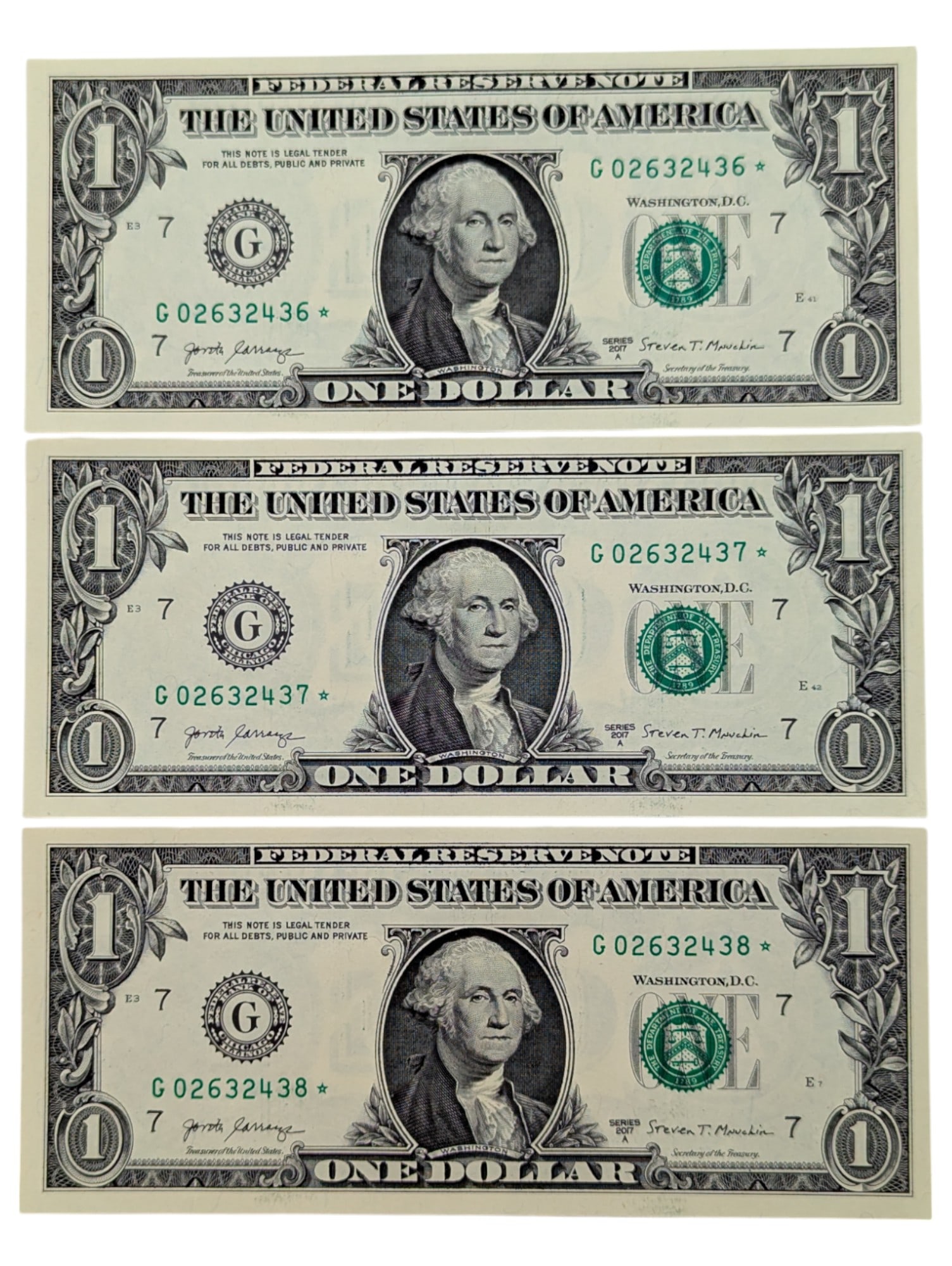Lot of 3 Uncirculated Consecutive 2017-A $1 Notes - Green Seal Star Notes: Currency