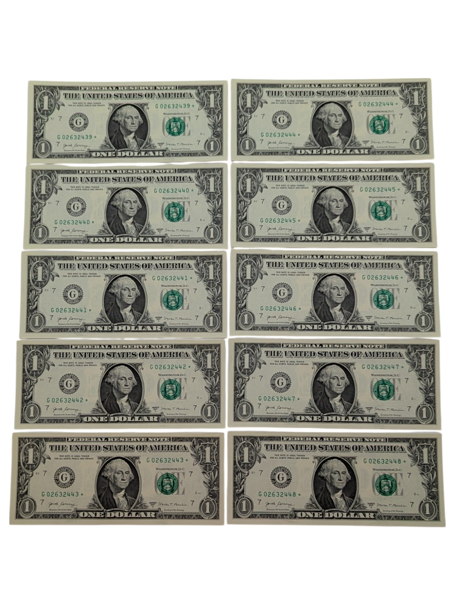Lot of 10 Uncirculated Consecutive 2017-A $1 Notes - Green Seal Star Notes: Currency