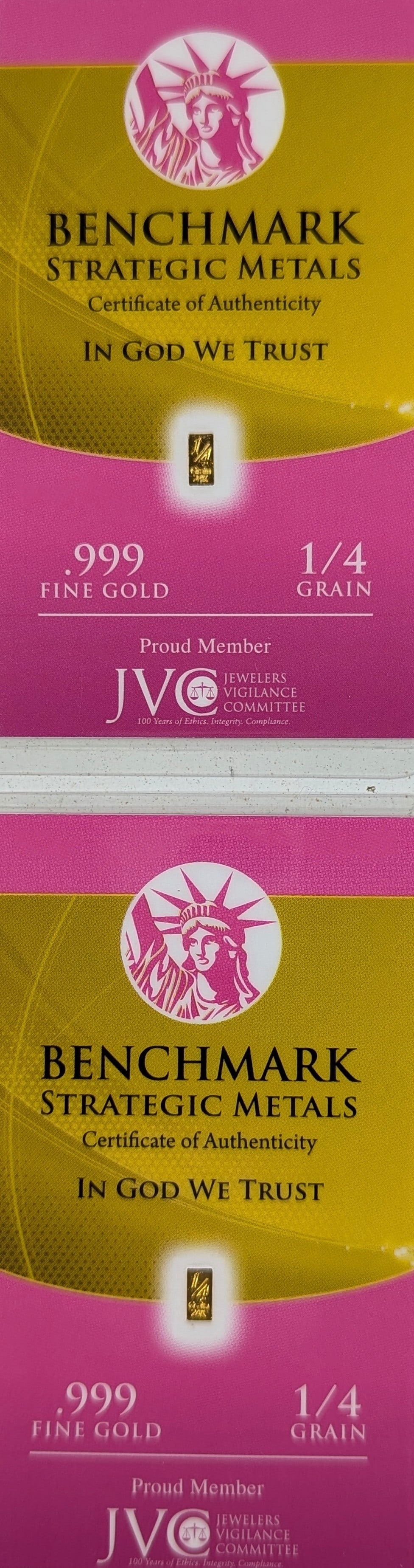 Lot of 2 - 1/4 grain (each) .999 Fine Gold - Benchmark Strategic Metals: Gold