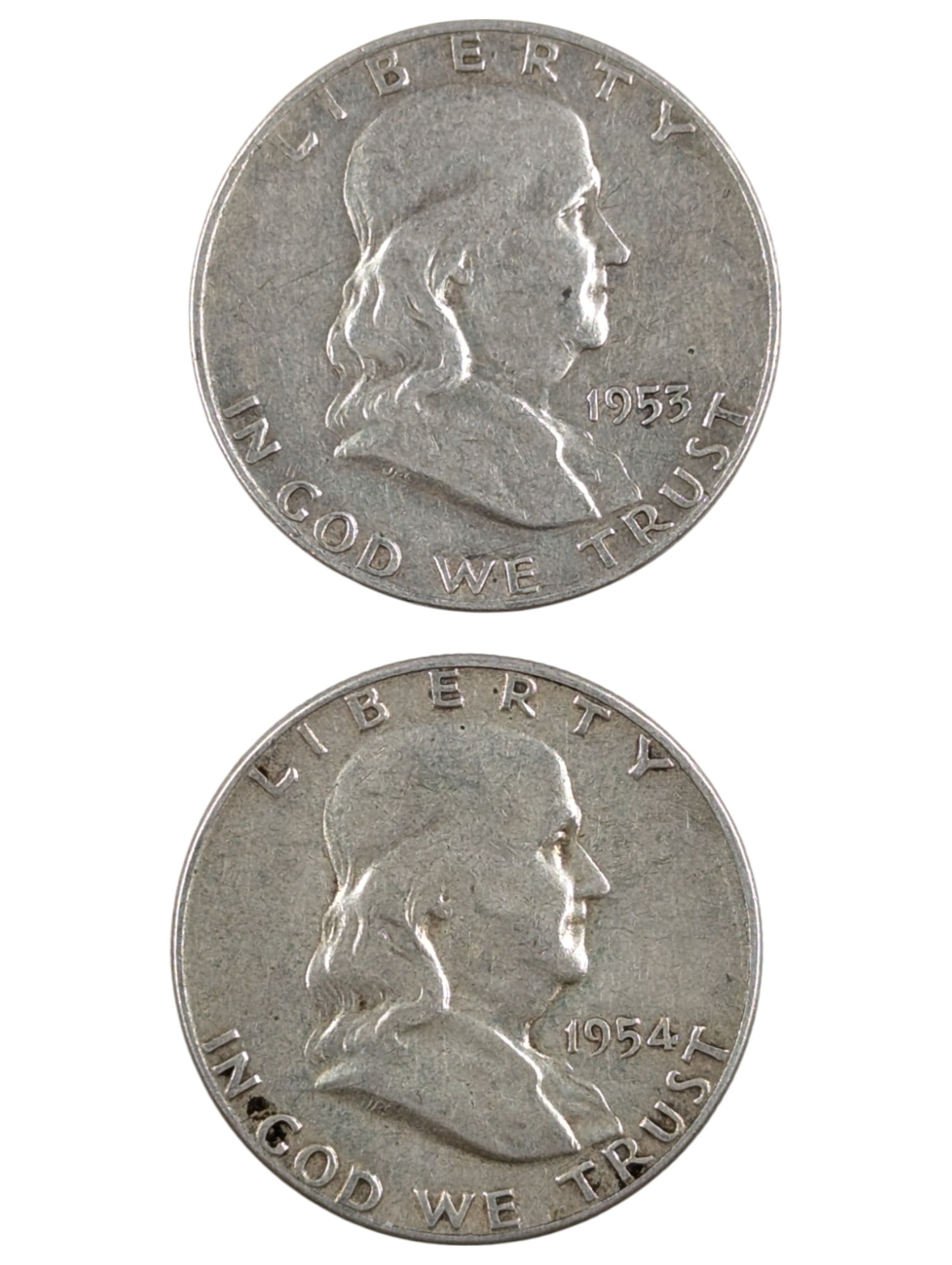 Lot of 2 Silver Franklin Half Dollars - 1953-D, 1954 (1 of 2)
