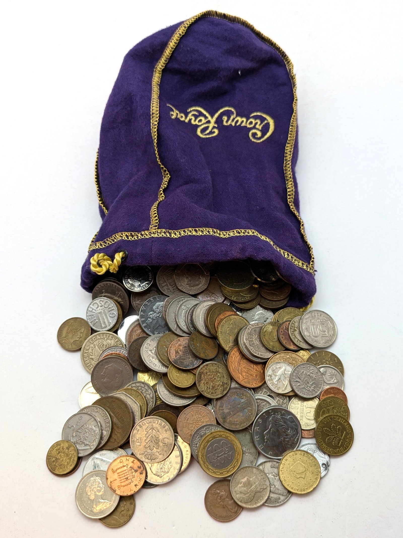 Large Lot of 300+ Foreign Coins in Crown Royal Bag: Coin
