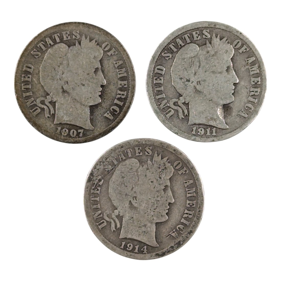 Lot of 3 Silver Barber Dimes - 1907, 1911, 1914 (1 of 2)
