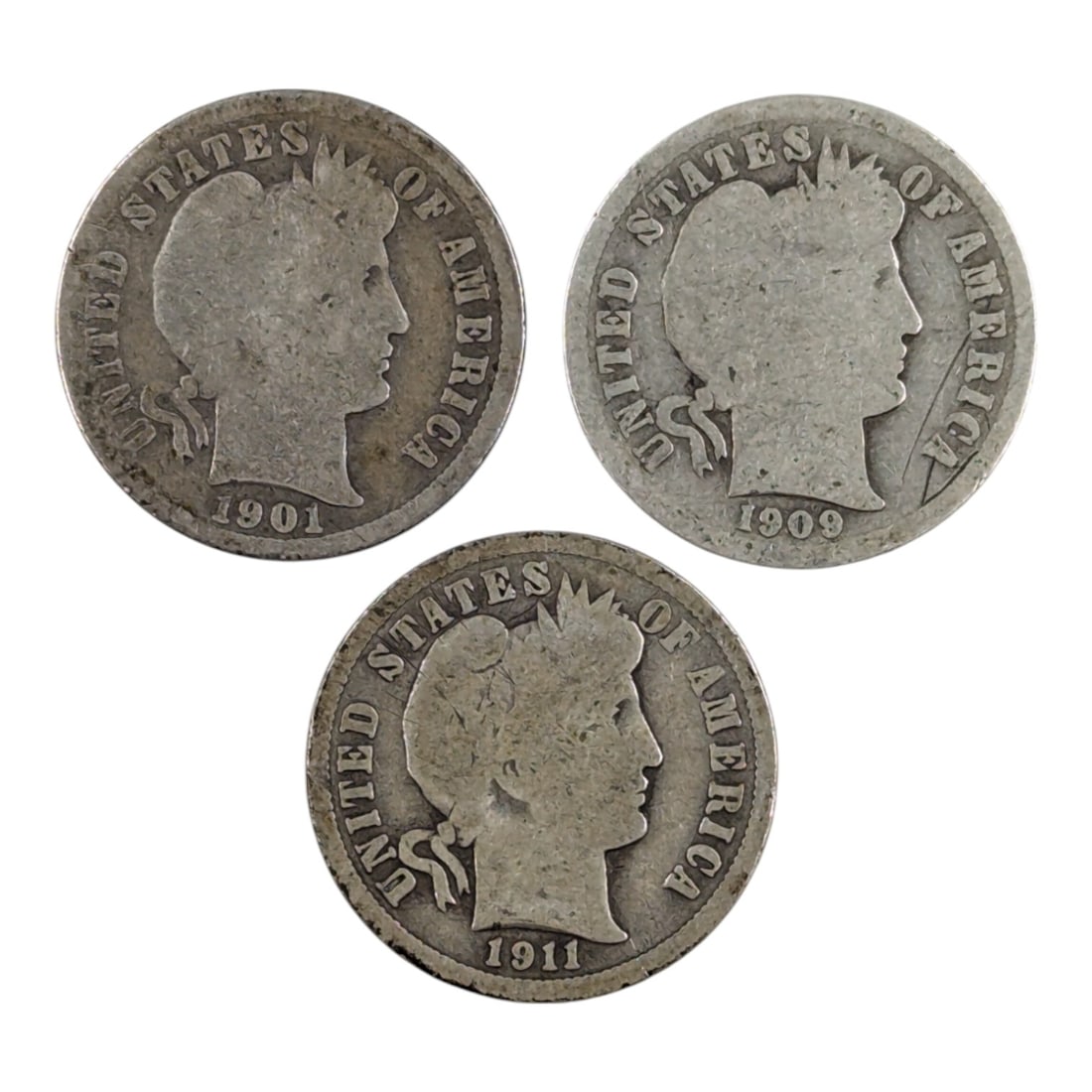 Lot of 3 Silver Barber Dimes - 1901, 1909, 1911-D (1 of 2)