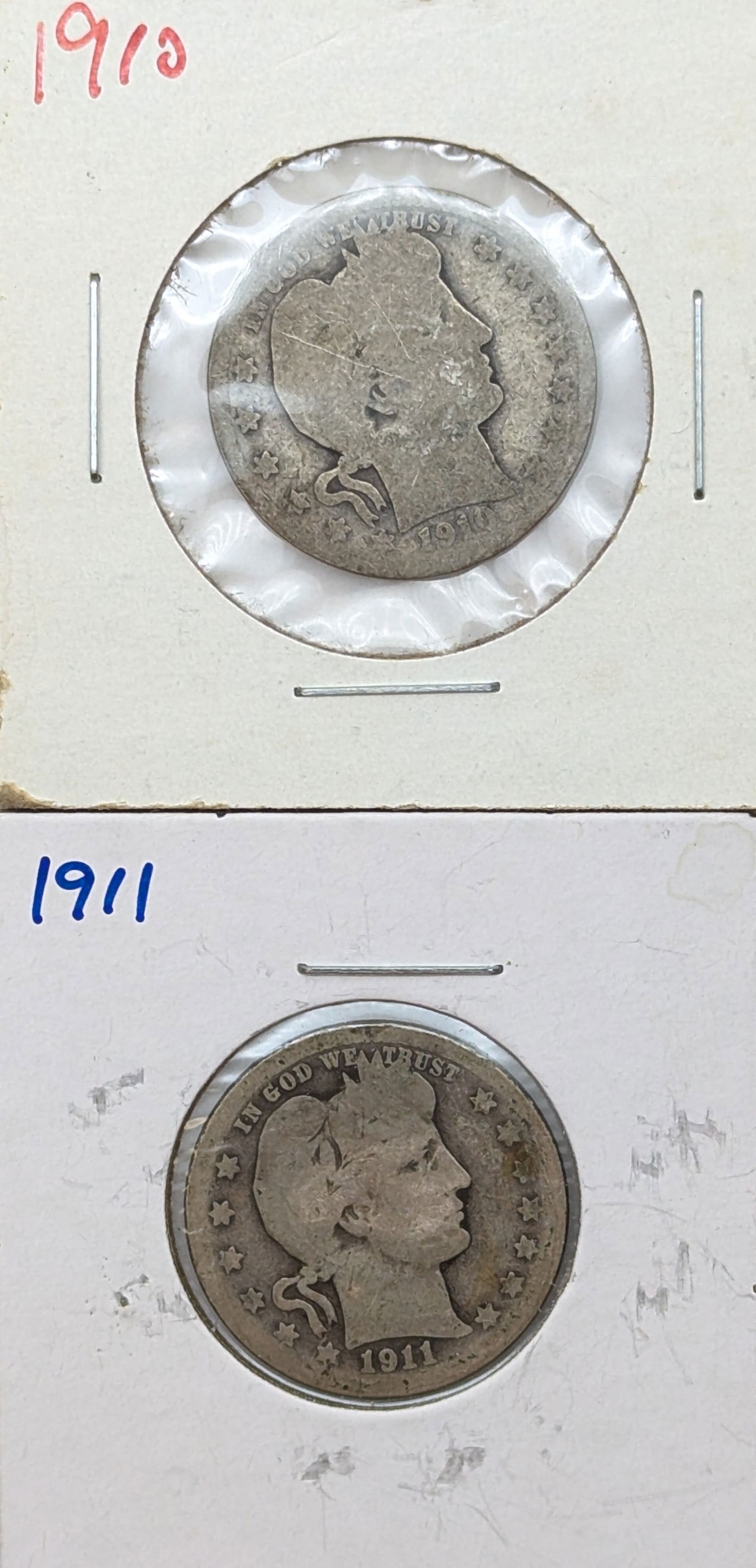 Lot of 2 Silver Barber Quarters - 1910, 1911 (1 of 2)