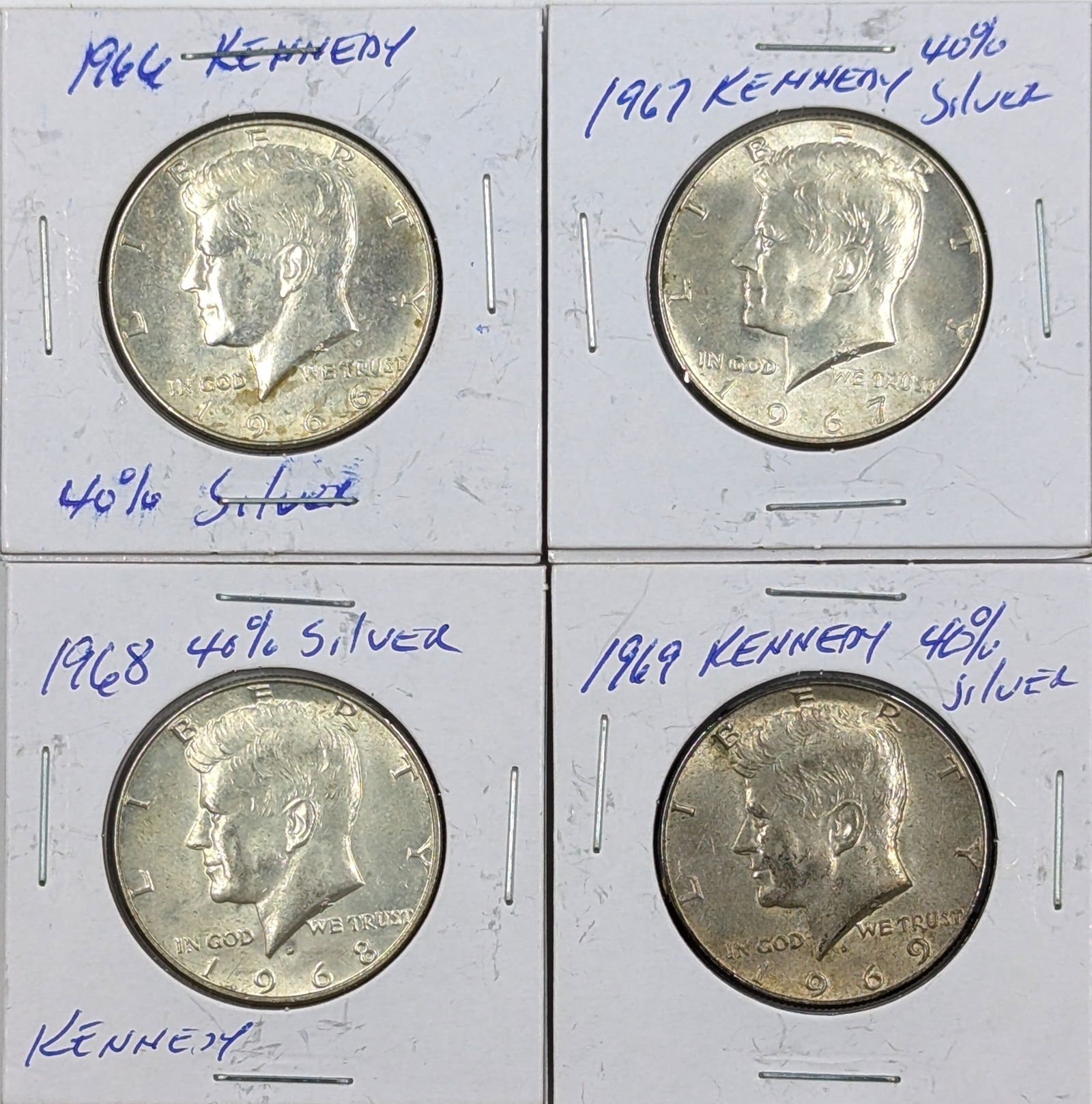 Lot of 4 Silver John F Kennedy Half Dollars - 1966-1969 (1 of 2)