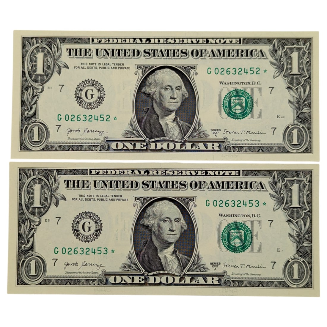 1 of 2 -Lot of 2 Consecutive Uncirculated 2017-A $1 Notes - Green Seals (1 of 2)