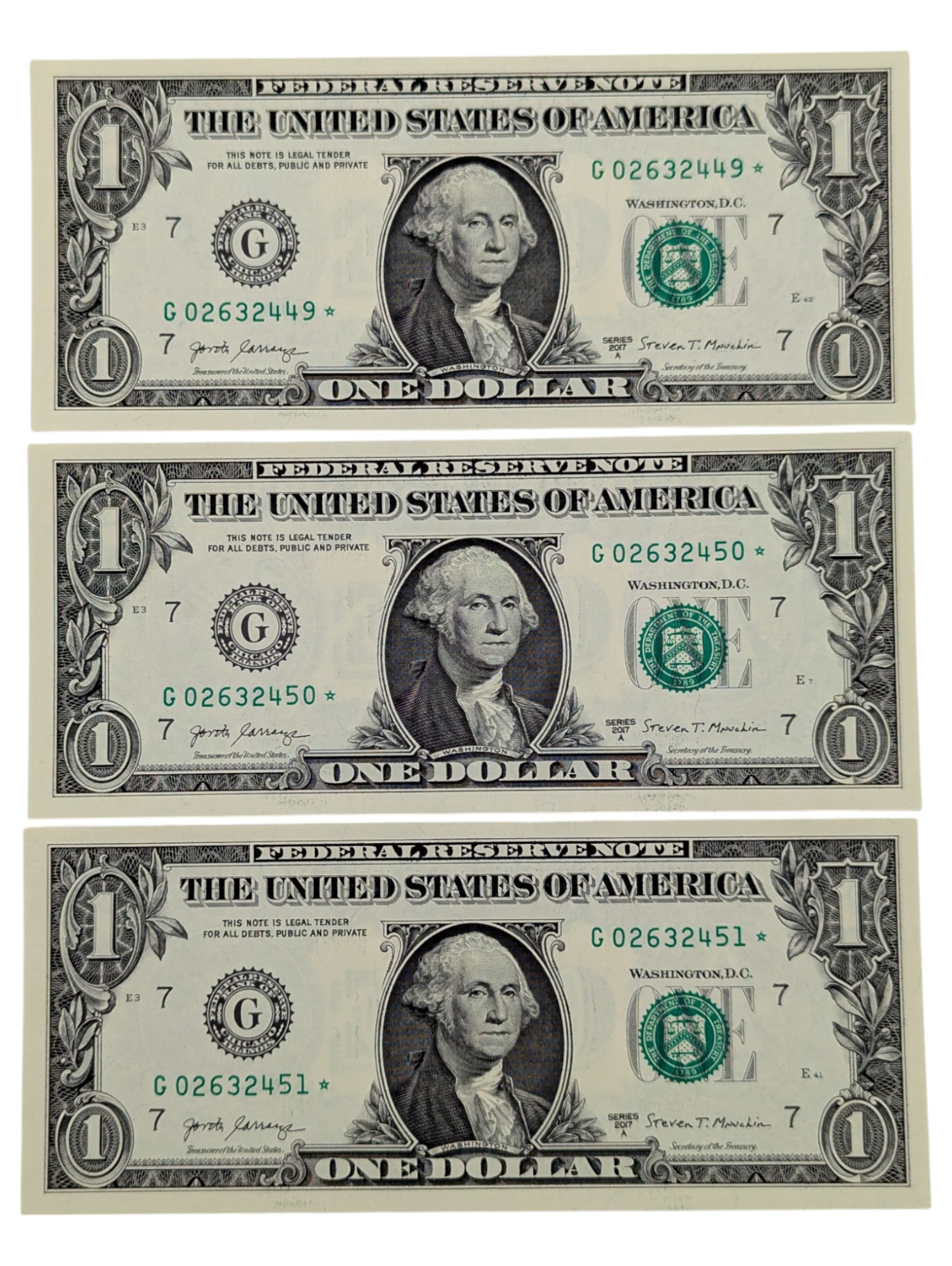 2 of 2 - Lot of 3 Consecutive Uncirculated 2017-A $1 Notes - Green Seals (1 of 2)