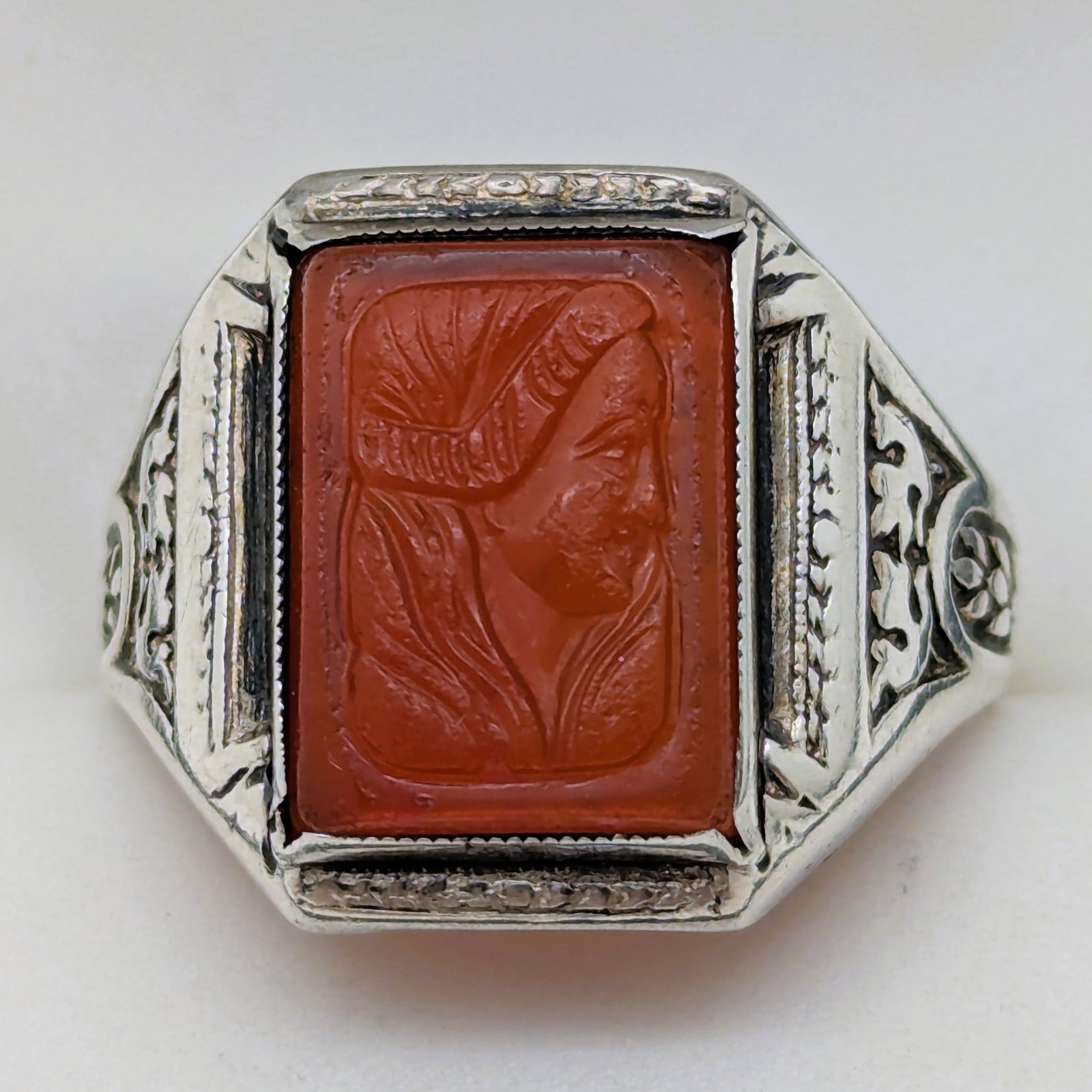 Antique Sterling Silver Cameo Red Carve Bust Men's Ring w/ Ornate Band (1 of 6)