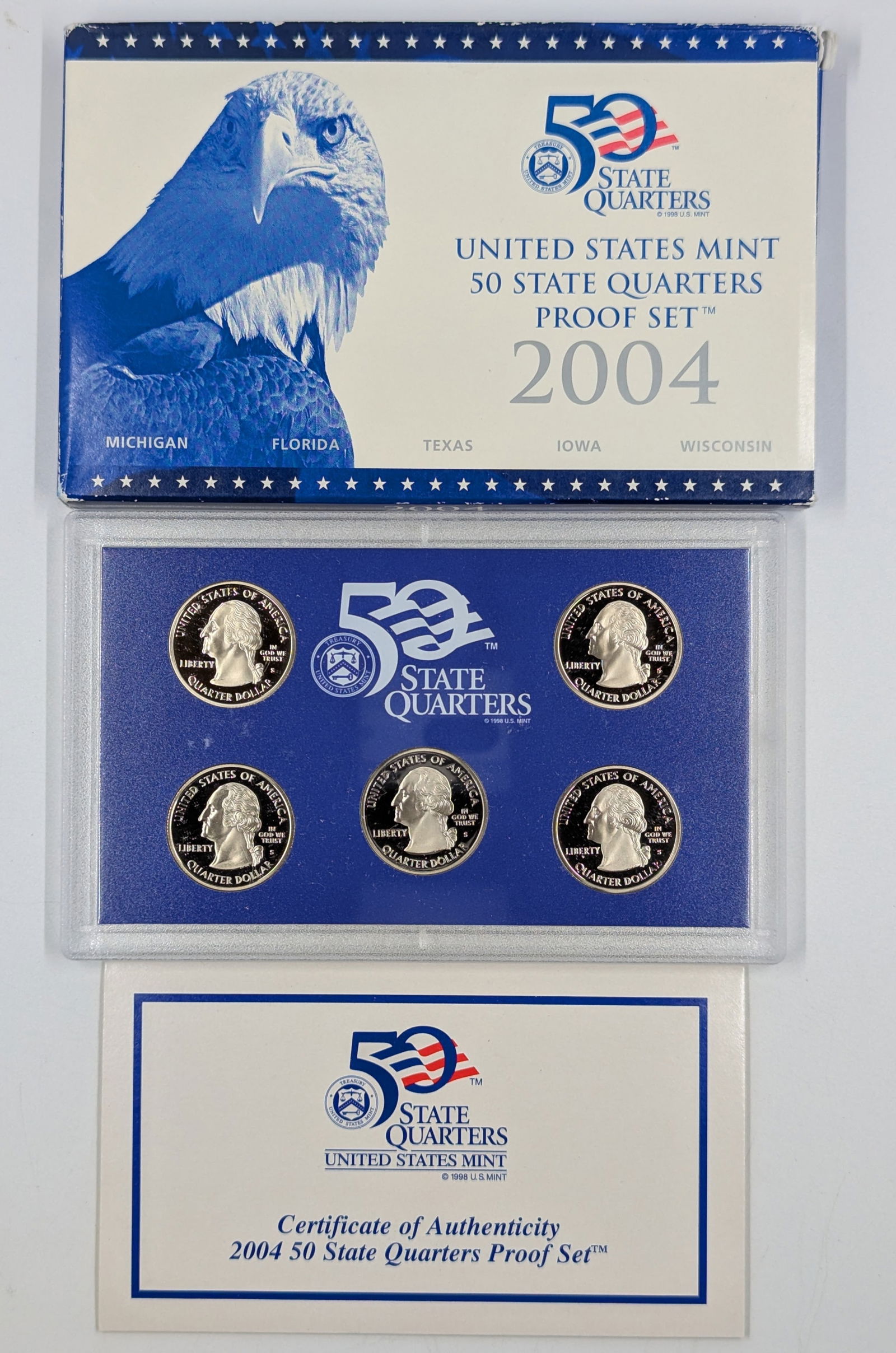 2004 US Mint 50 State Quarters Proof Set- MI, FL, TX, IA, WI with COA (1 of 2)
