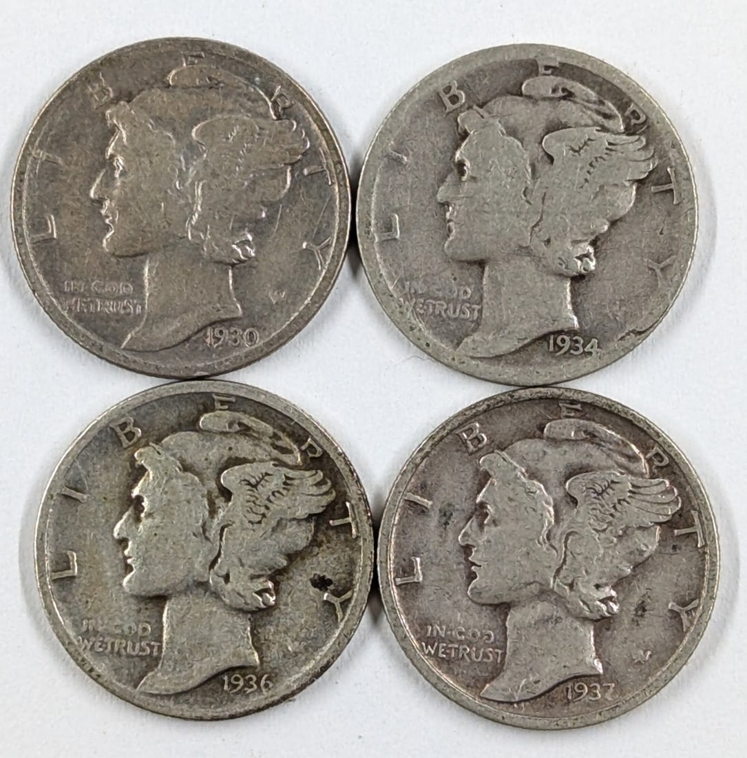Lot of 4 Silver Mercury Dimes -1930-S,1934-D,1936-D,1937-S: Silver