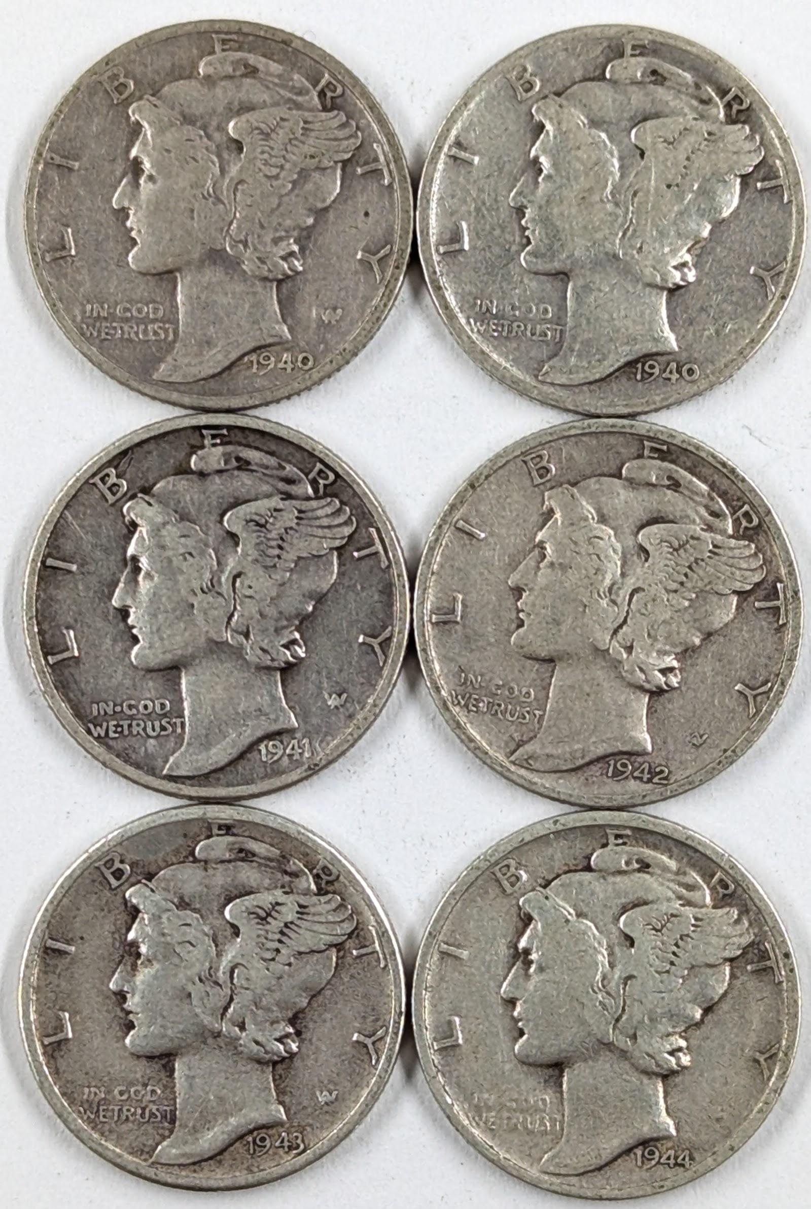 Lot of 6 Silver Mercury Dimes - 1940-1944 (1 of 2)