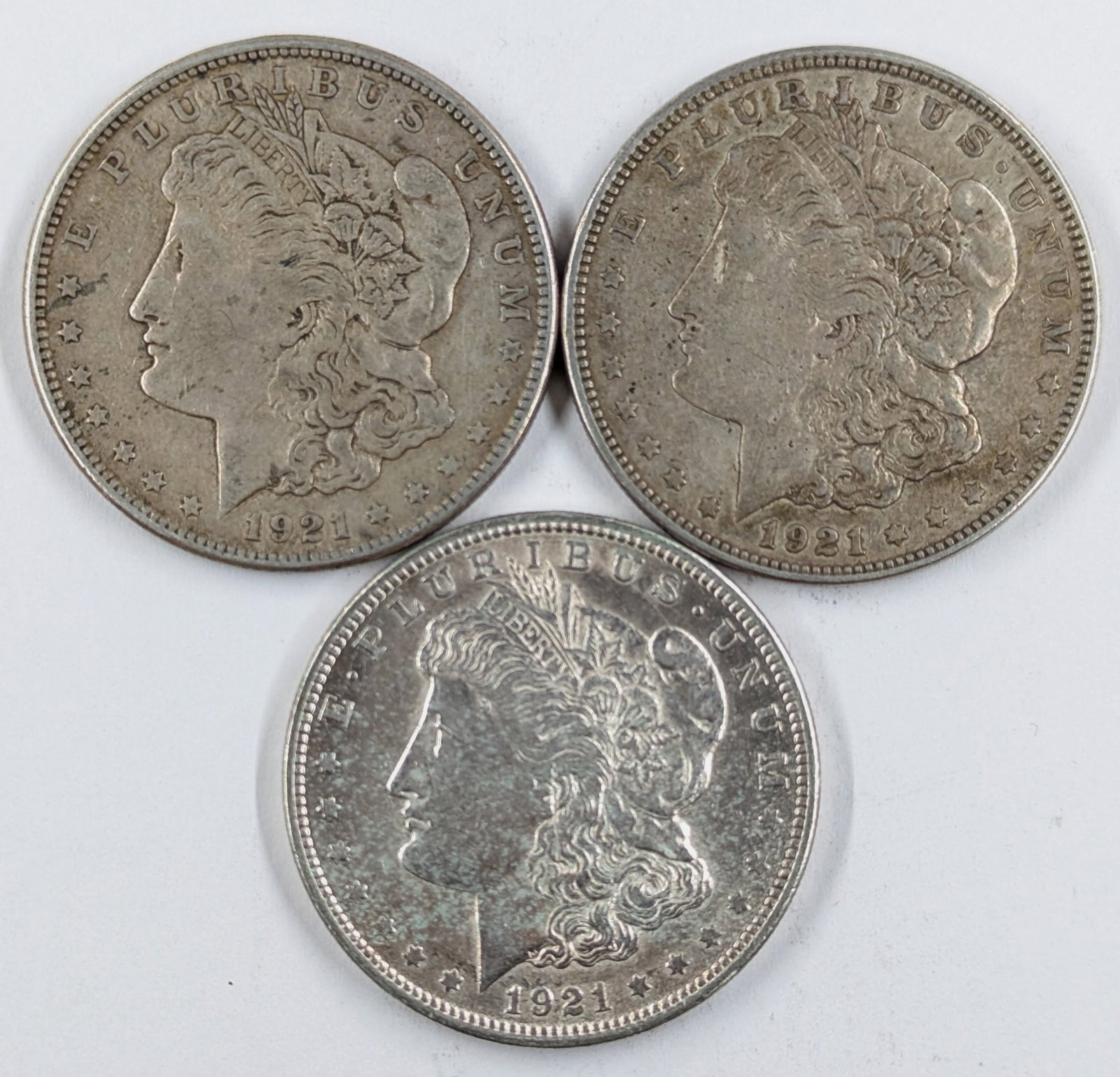 Lot of 3 Morgan Silver Dollars- 1921 D/S/P: Silver