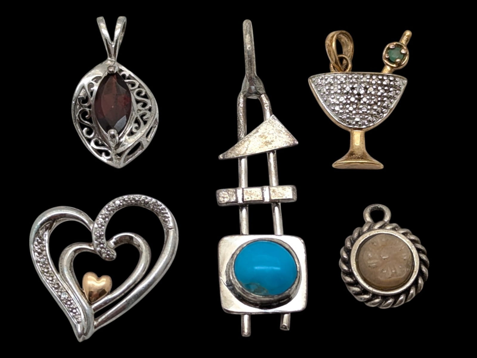Lot of 5 Sterling Silver Pendants - Heart, Matini, etc.: Jewelry