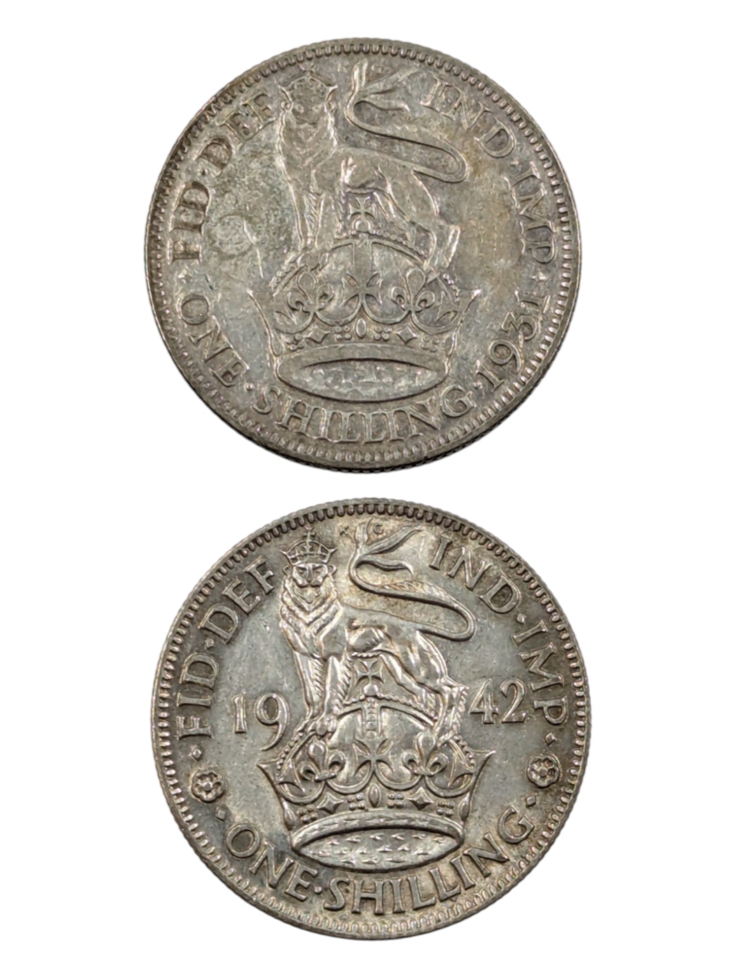 Lot of 2 UK Silver One Shilling - 1931, 1942 (1 of 2)