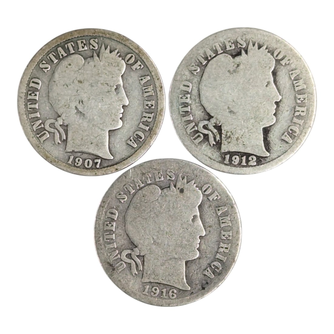 Lot of 3 Silver Barber Dimes - 1907-1916: Silver