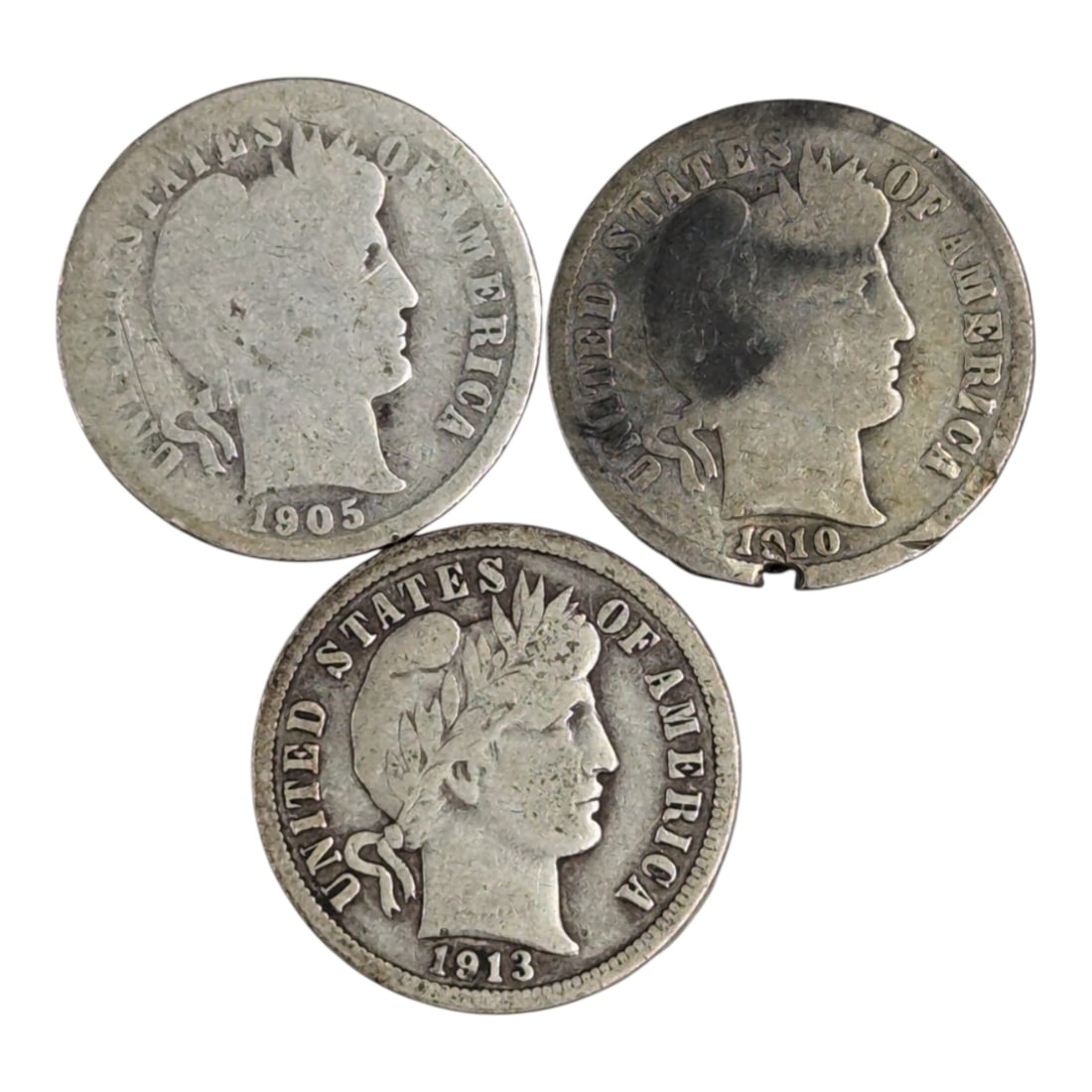 Lot of 3 Silver Barber Dimes - 1905-1913: Silver