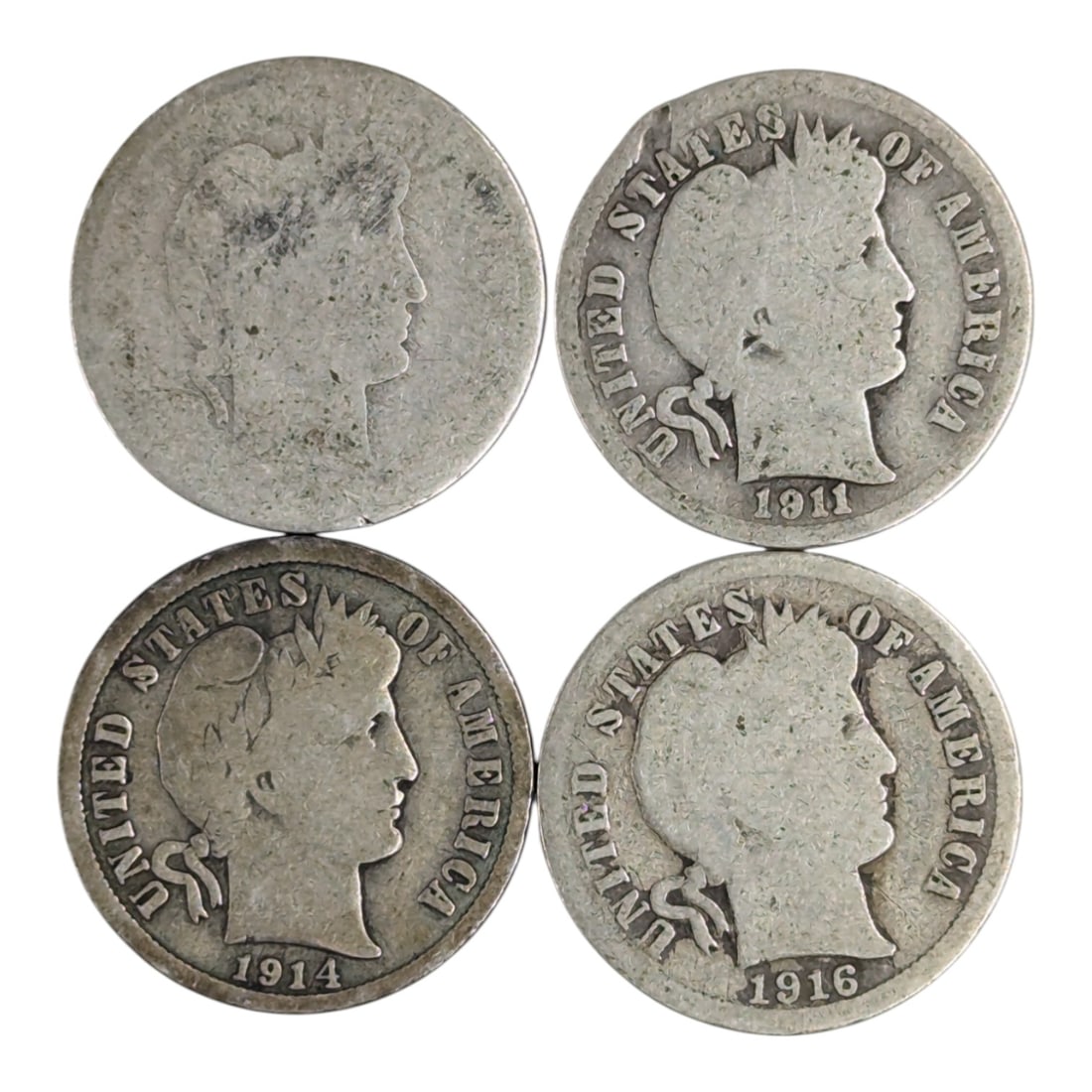 Lot of 4 Silver Barber Dimes - 1911-1916 (1 of 2)