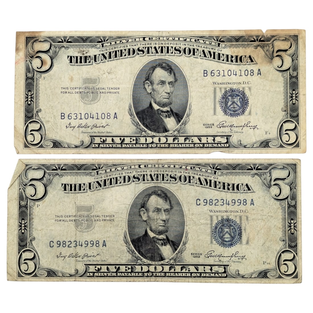 Lot of 2 - 1953 $5 Notes - Silver Certificates (1 of 2)