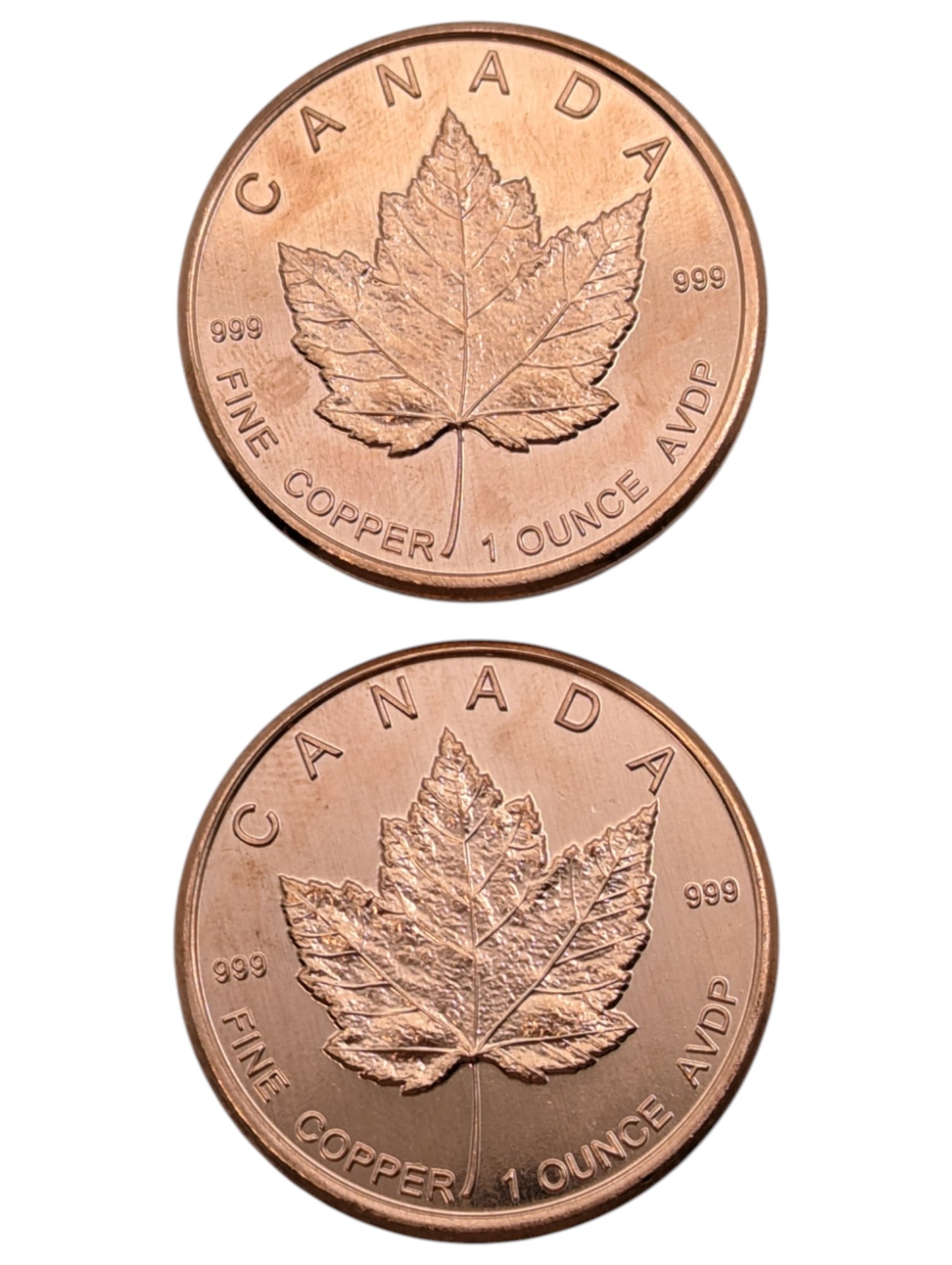 Lot of 2 Maple Leaf 1 Ounce (each) Fine .999 Copper Rounds: Copper