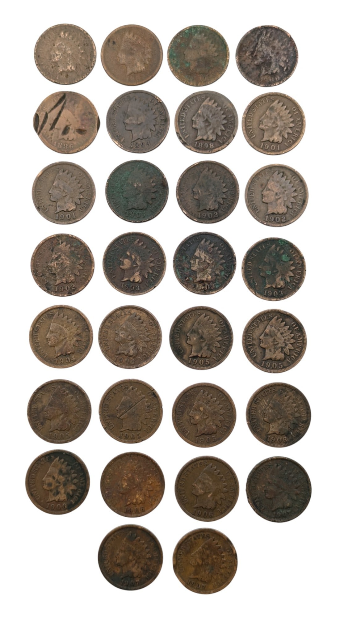 Lot of 30 Indian Head Cents - 1880s-1900s: Damaged/Poor Condition