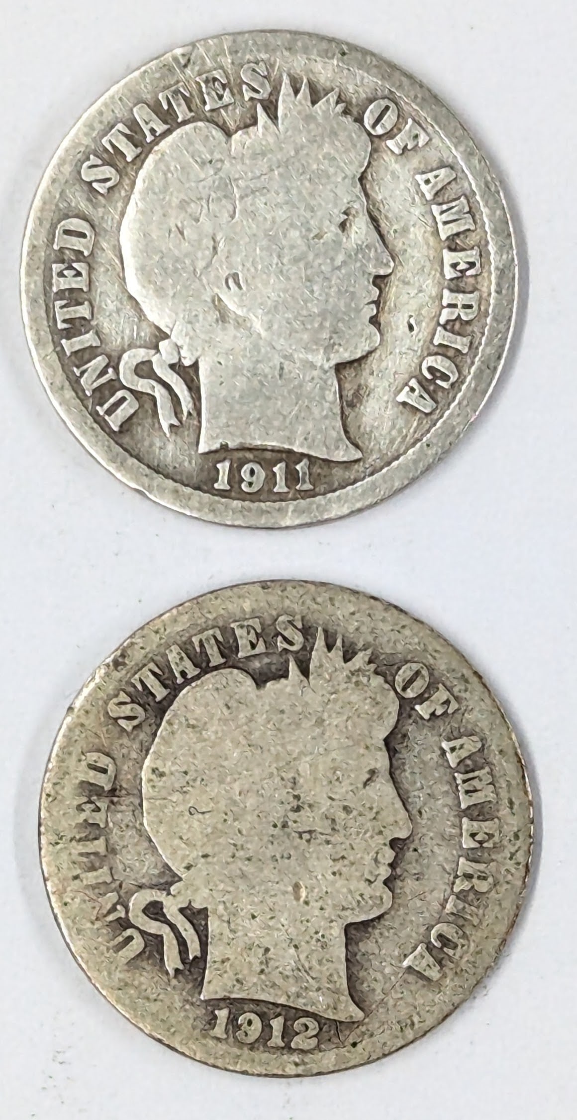 Lot of 2 Silver Barber Dimes - 1911, 1912-D: Silver