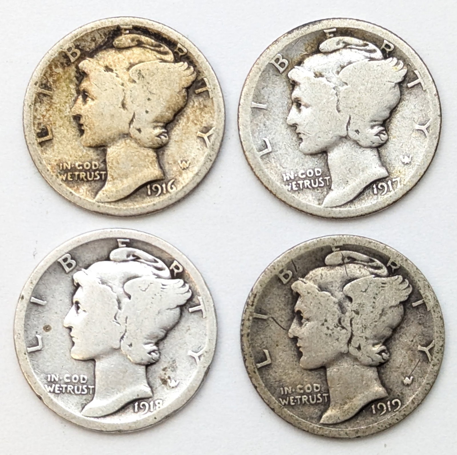 Lot of 4 Silver Mercury Dimes - 1916,1917-D,1918,1919-S: Silver