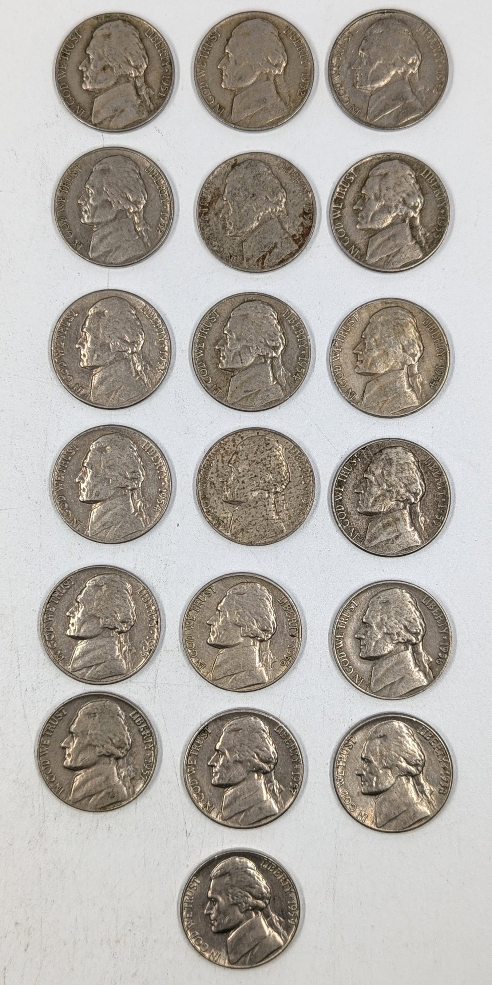 Lot of 19 Jefferson Nickels- 1951-1959: Coin