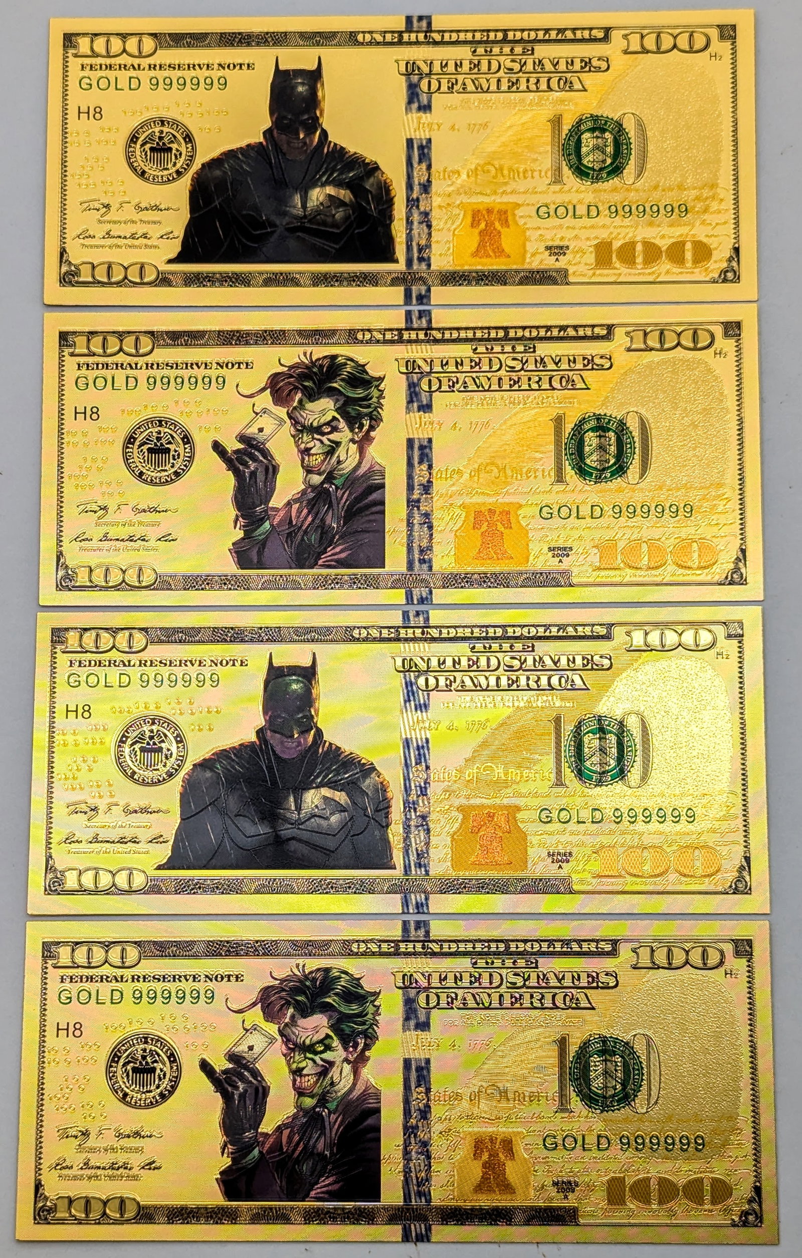 Lot of 4 Batman and Joker Novelty 24k Gold Foil Notes: Currency