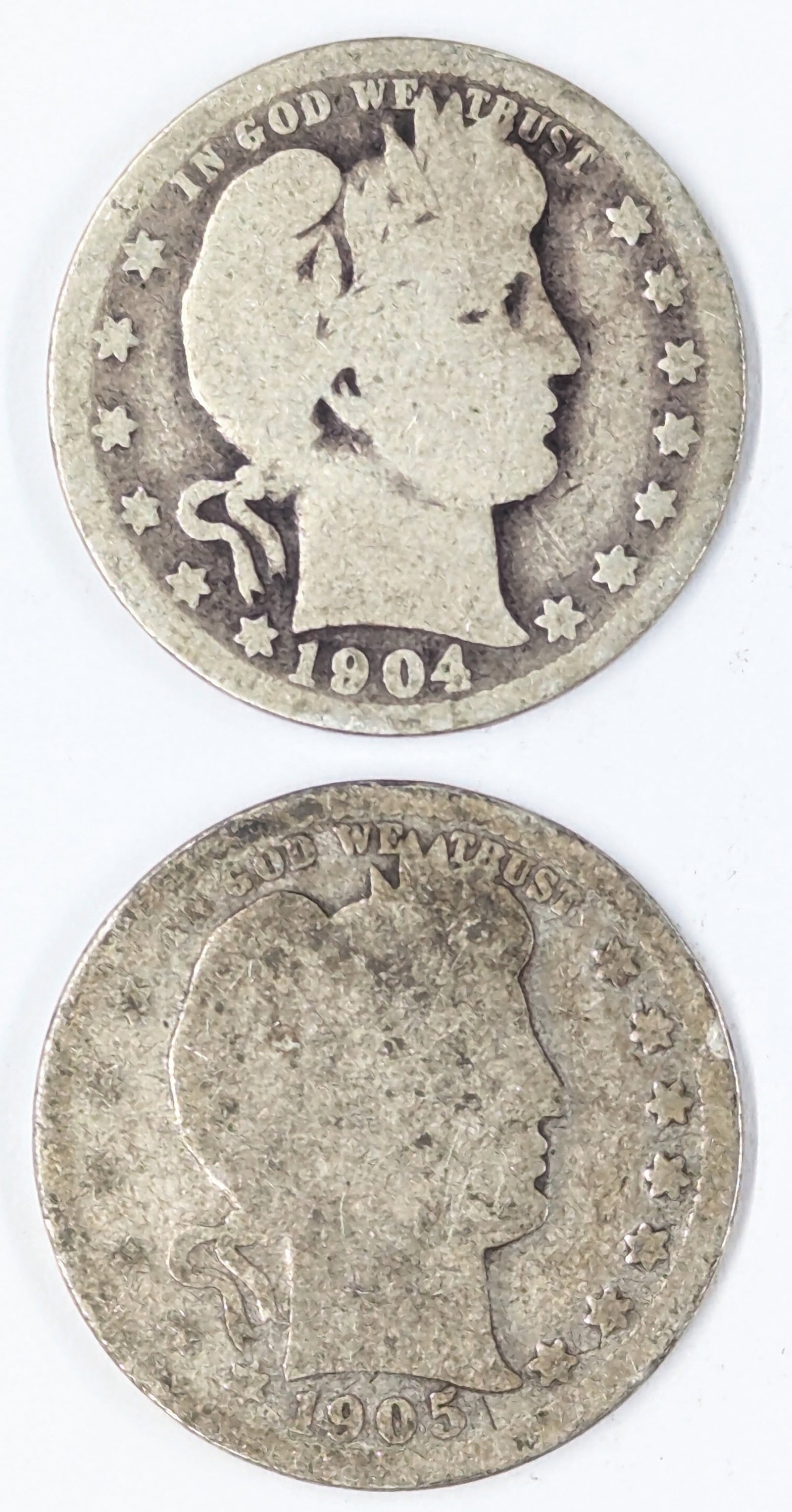 Lot of 2 Silver Barber Quarters- 1904.1905: Silver