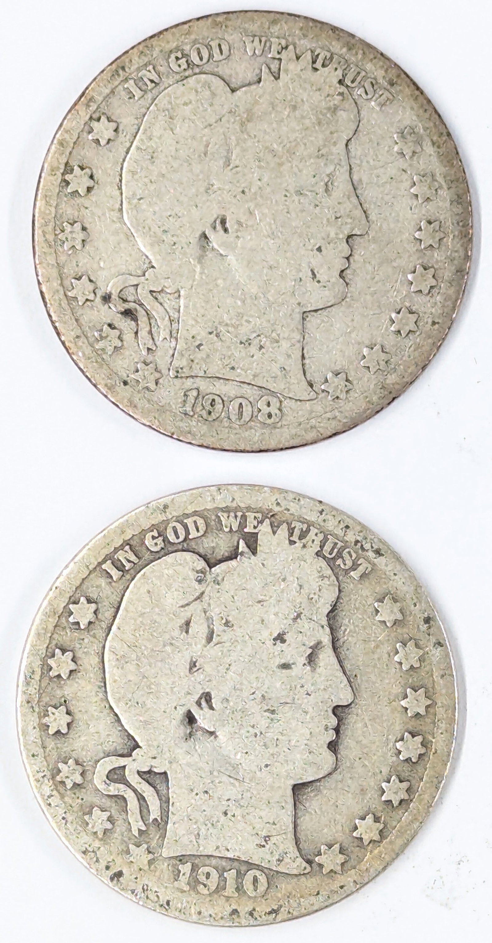 Lot of 2 Silver Barber Quarters- 1908-S,1910: Silver