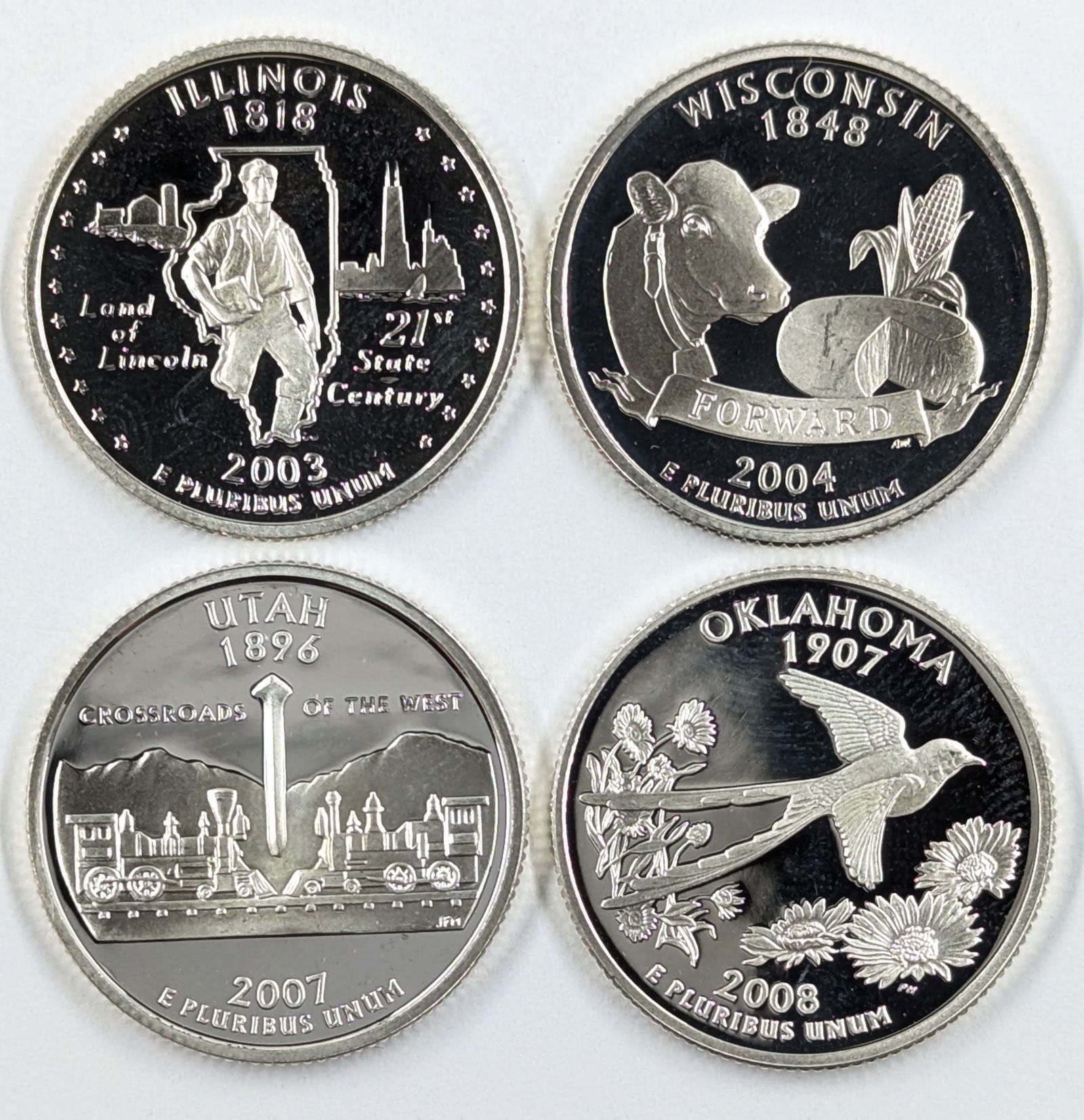 Lot of 4 Silver State Quarters - 2003 IL, 2004 WI, 2007 UT, 2008 OK (1 of 2)
