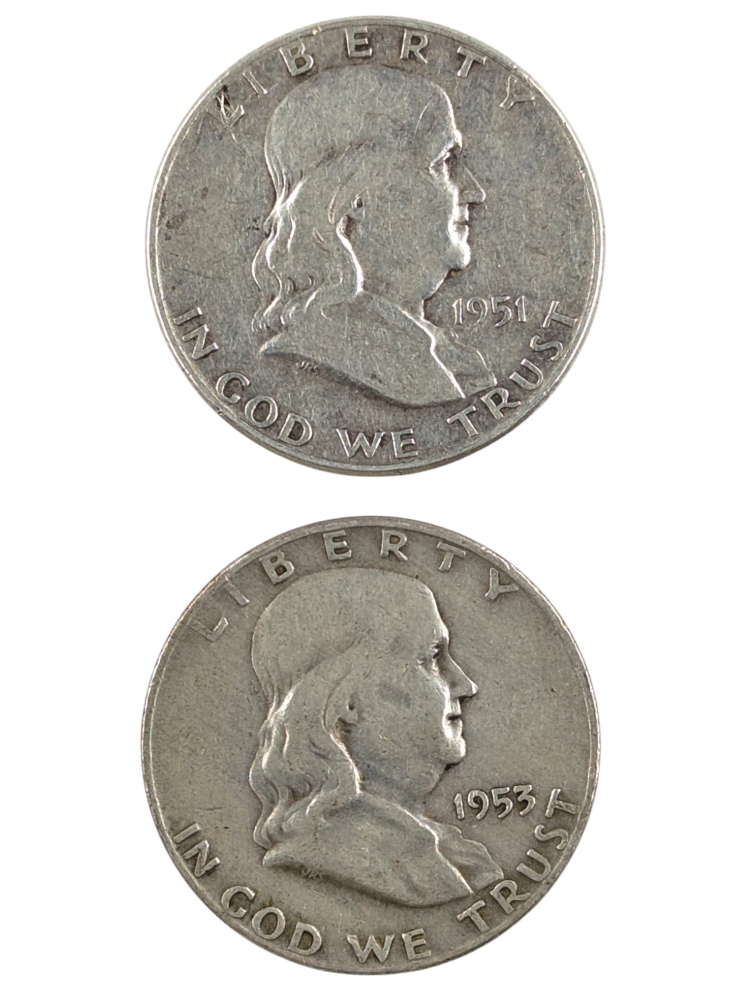 Lot of 2 Silver Franklin Half Dollars - 1951, 1953-D: Silver