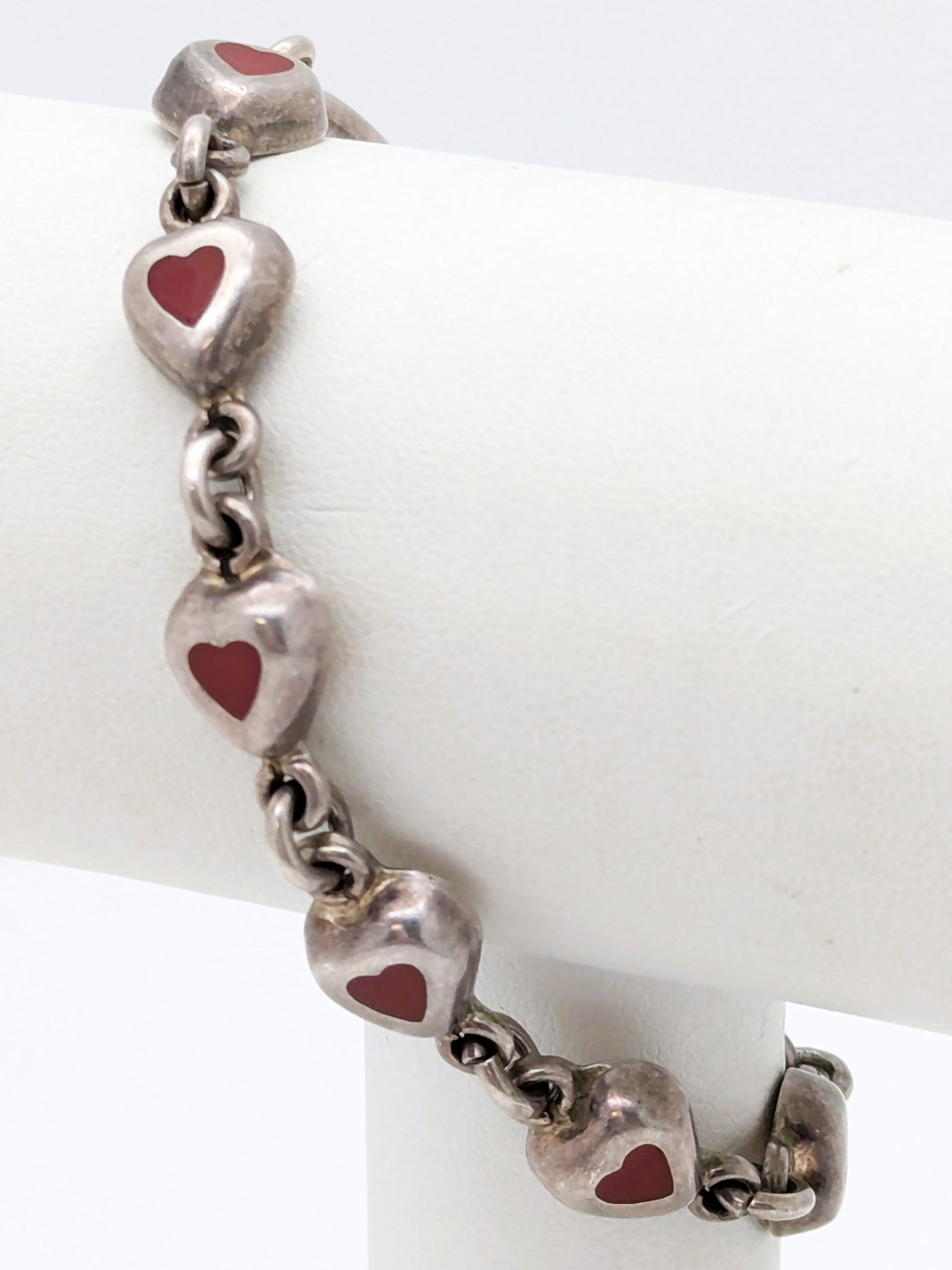 Mexico 925 Sterling Silver Red Enamel Heart Ladies Bracelet w/ Toggle Clasp - 0.69oz (1 of 6)