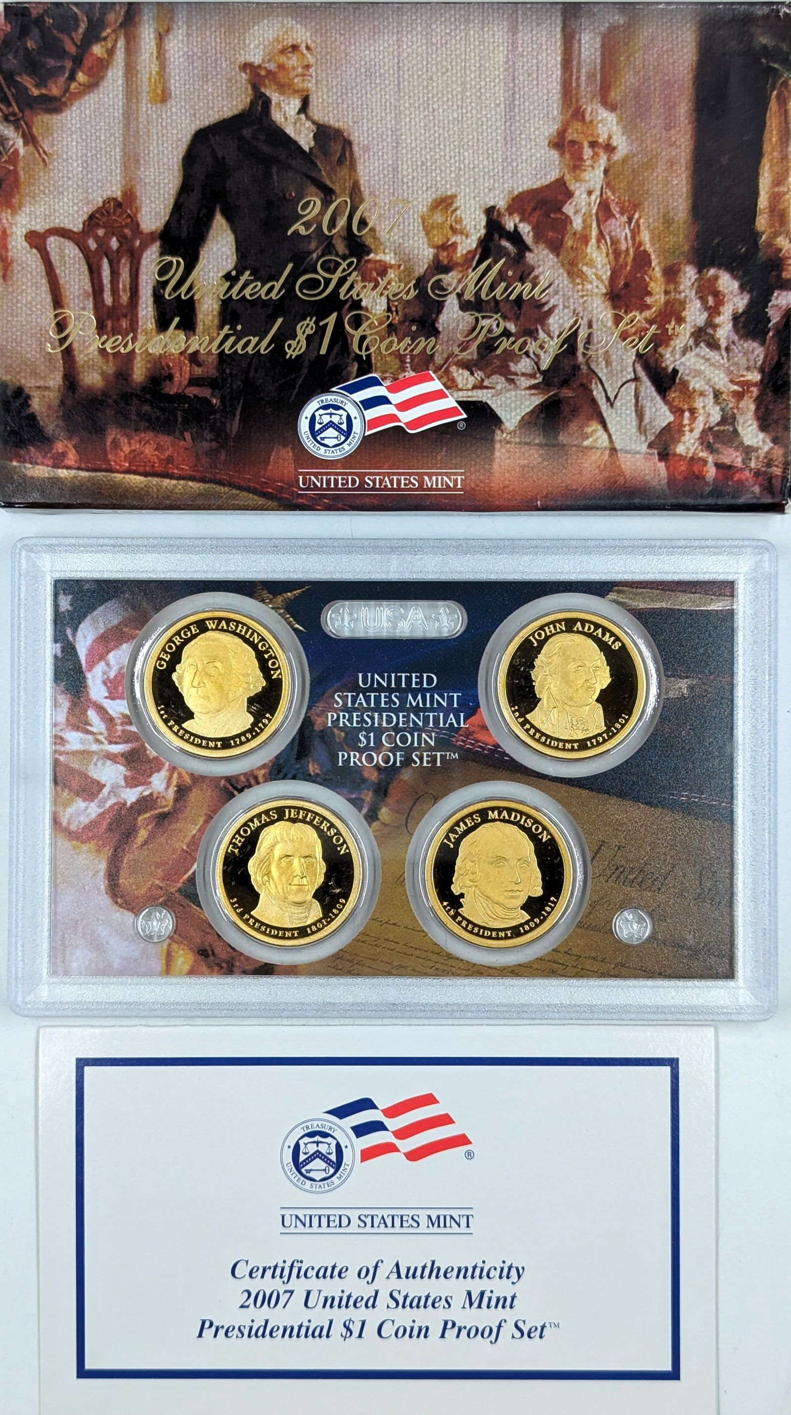 2007 US Mint Presidential $1 Coin Proof Set w/ COA - Washington, Adams, Jefferson, Madison (1 of 2)