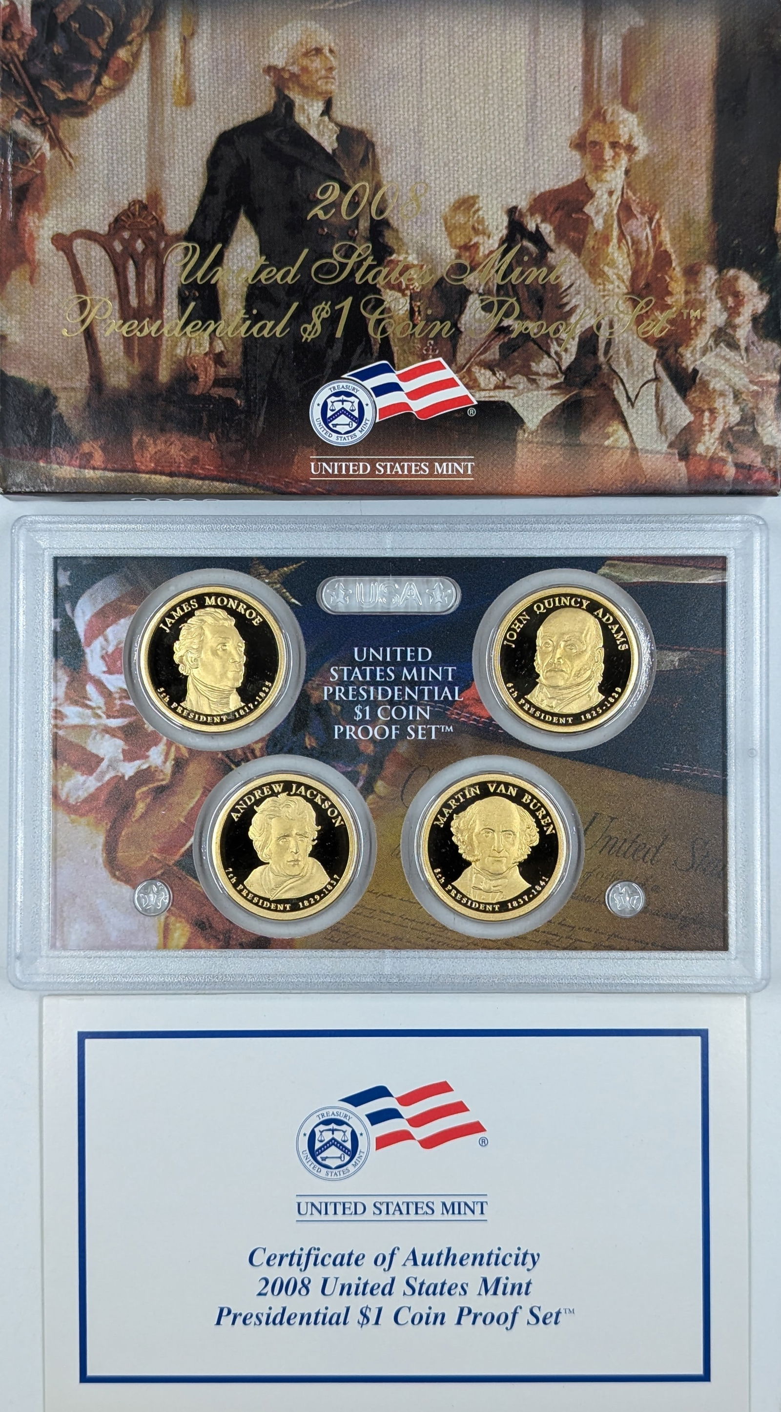 2008 US Mint Presidential $1 Coin Proof Set w/ COA - Monroe, Adams, Jackson, Van Buren (1 of 2)