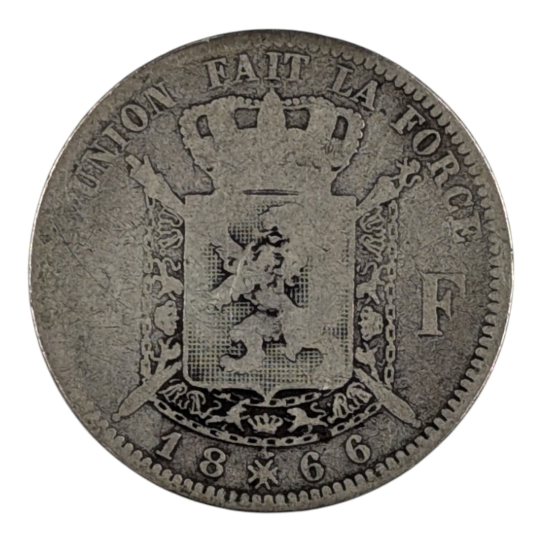 1866 Silver Belgium 2 Francs - Leopold II: 83.5% Silver