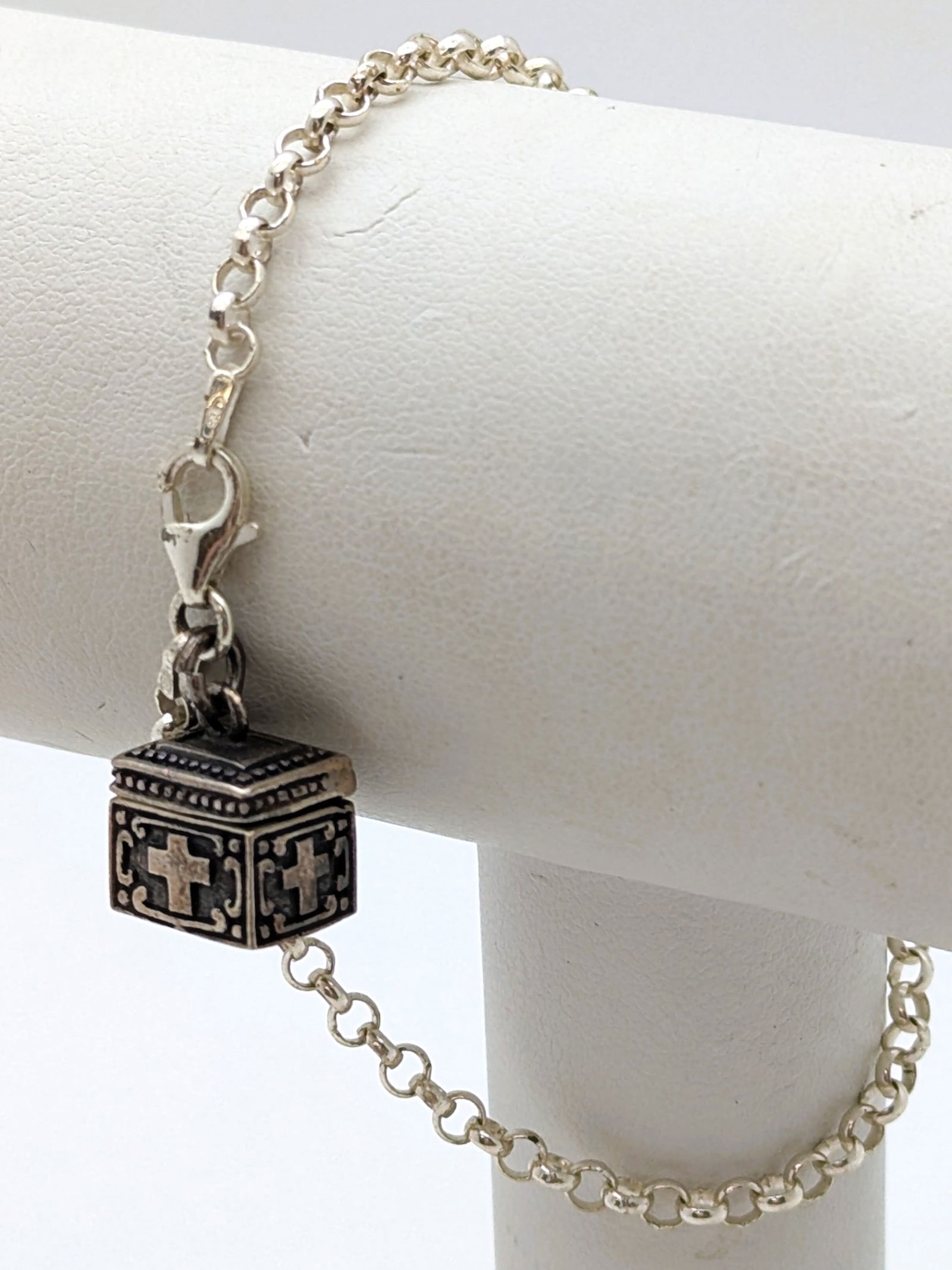 Italian Sterling Silver Cable Chain Ladies Bracelet w/ Vintage Prayer Box Charm (1 of 8)