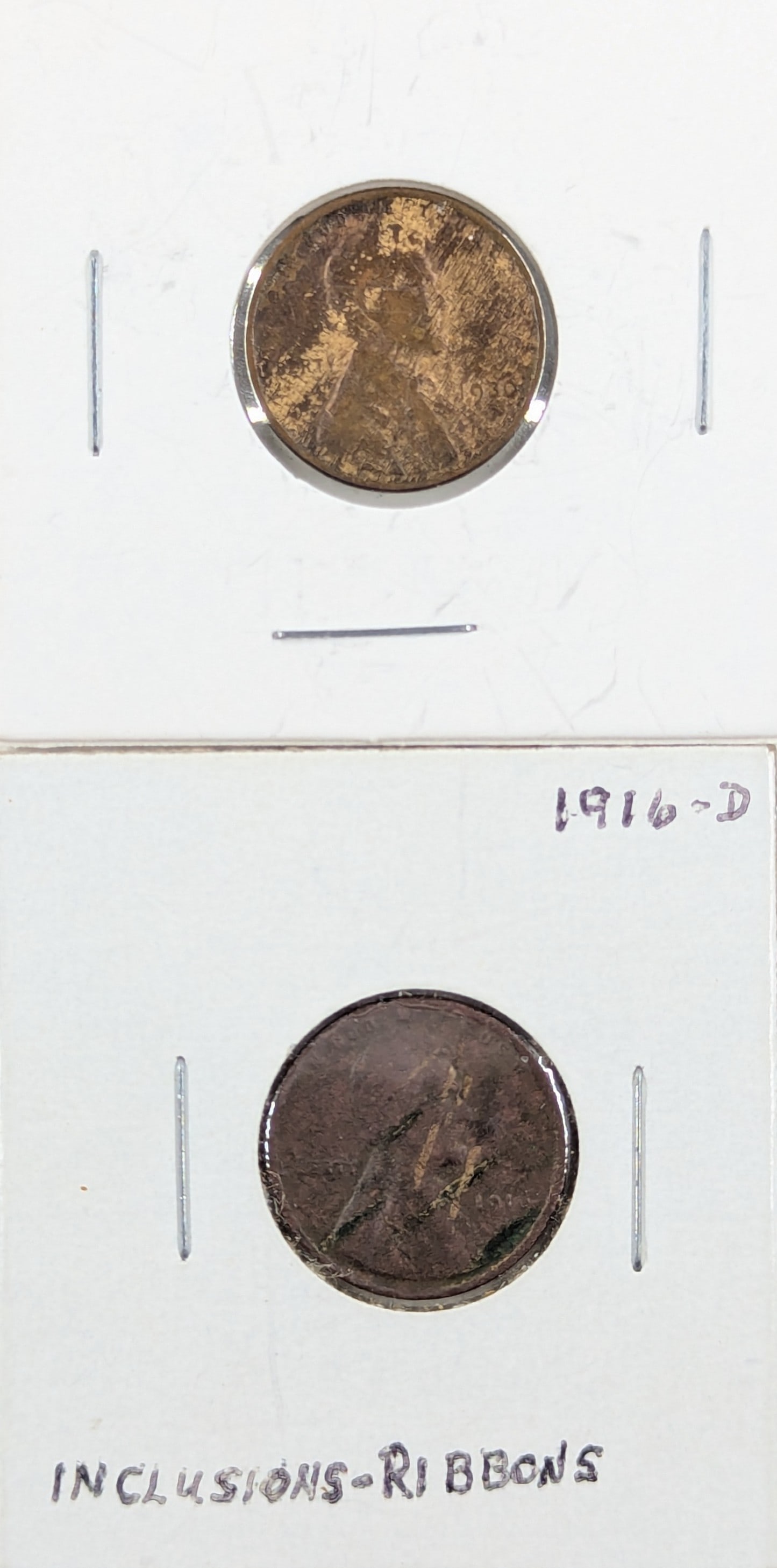 Lot of 2 ERROR Wheat Cents - 1916-D, 1930: The 1916-D has ribbon inclusions 1930 - Alloy mix error - wood grain style aka Woody penny. RARE!
