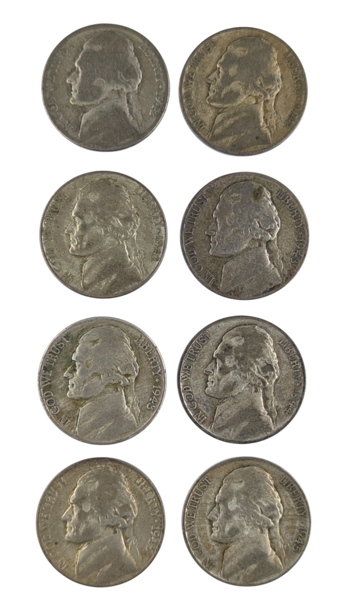 Lot of 8 Silver War Nickels - 1942-1945 - S & P Mints for each year: 35% Silver