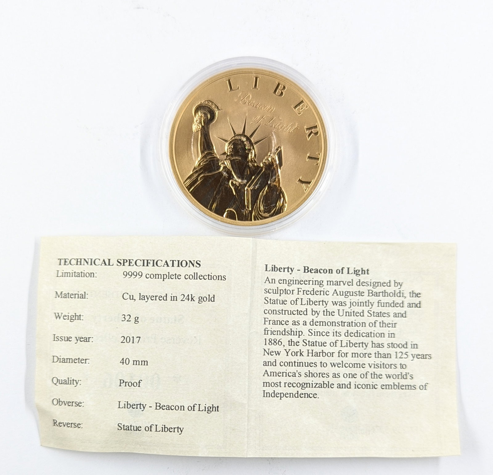 Token: 24K Gold Layered Proof 2017 Liberty Beacon of Light: Coin