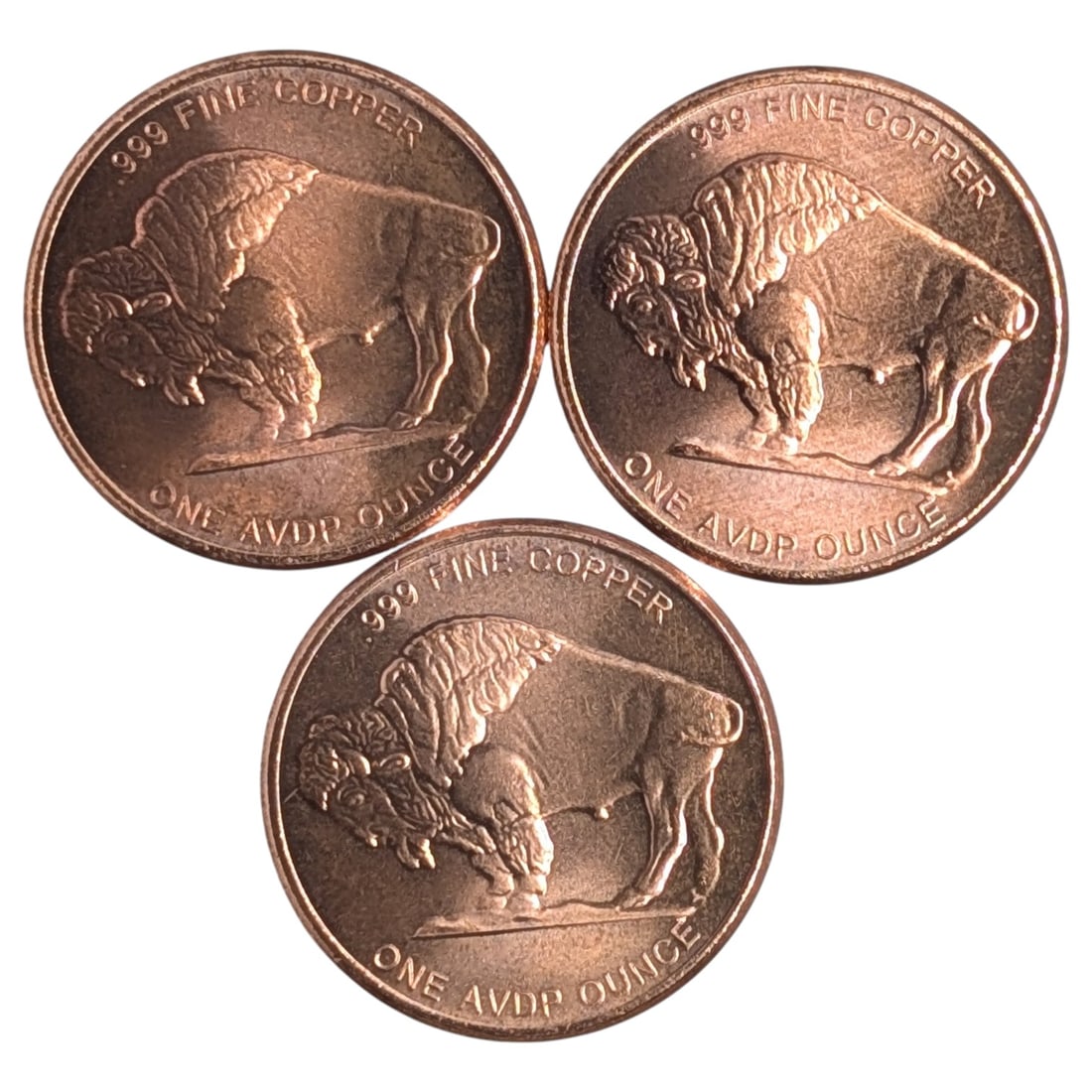 Lot of 3 Buffalo 1 Ounce (each) Fine .999 Copper Rounds: Copper
