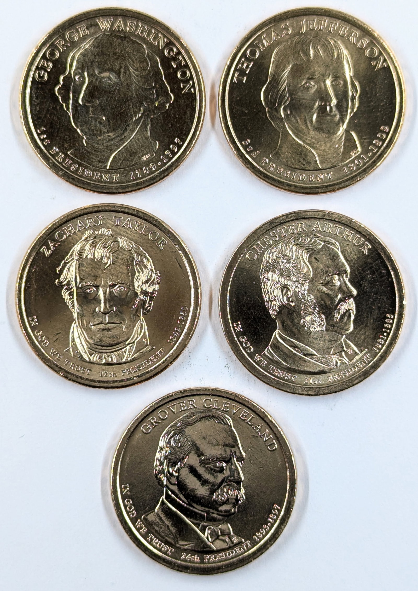 Lot of 5 Presidential $1 - Washington, Jefferson, Taylor, Arthur, Cleveland: Coin