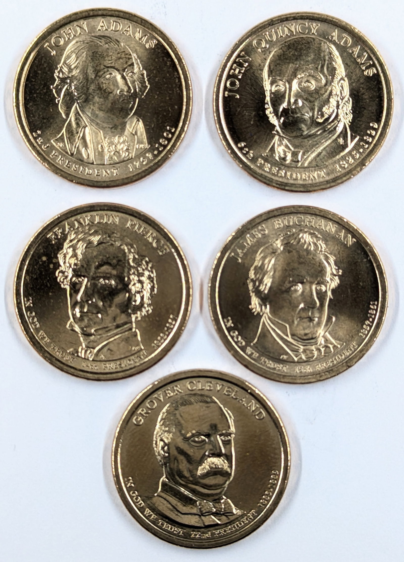 Lot of 5 Presidential $1 - J. Adams, J. Q. Adams, Pierce, Buchanan, Cleveland: Coin