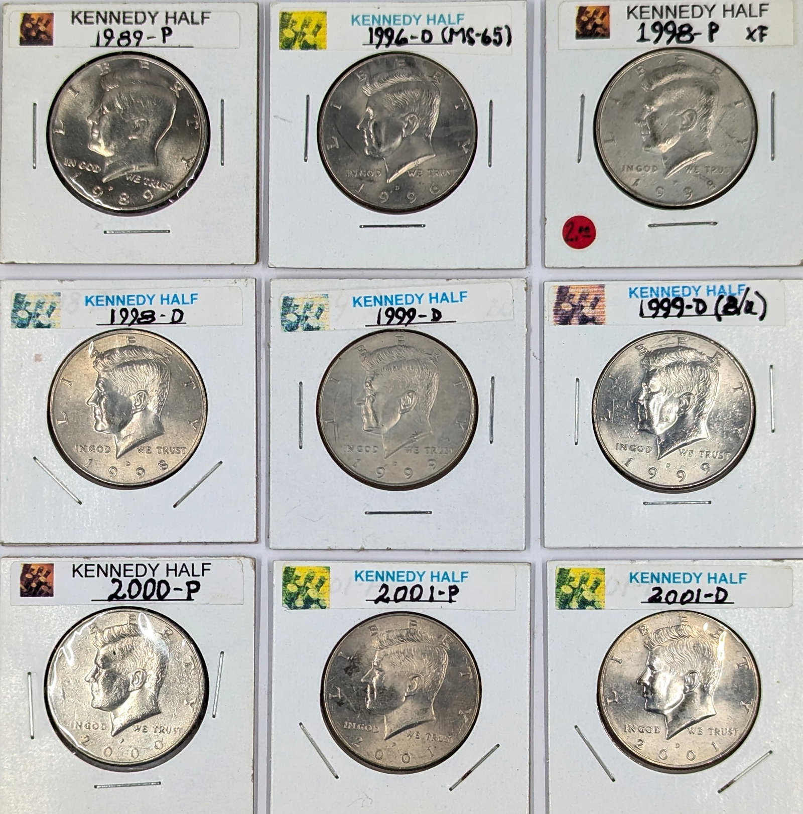 Lot of 9 John F Kennedy Half Dollars - 1989-2001: Several Uncirculated