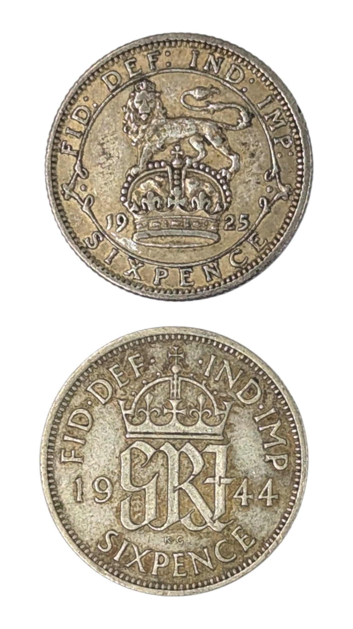 Lot of 2 Silver UK Sixpence - 1925, 1944: 50% SIlver