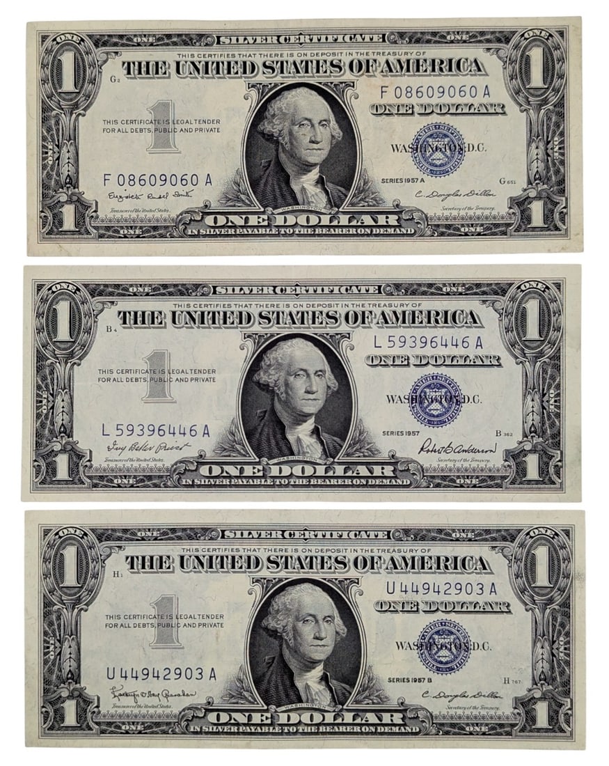Lot of 3 Uncirculated 1957 A/B $1 Notes - Silver Certificates (1 of 2)