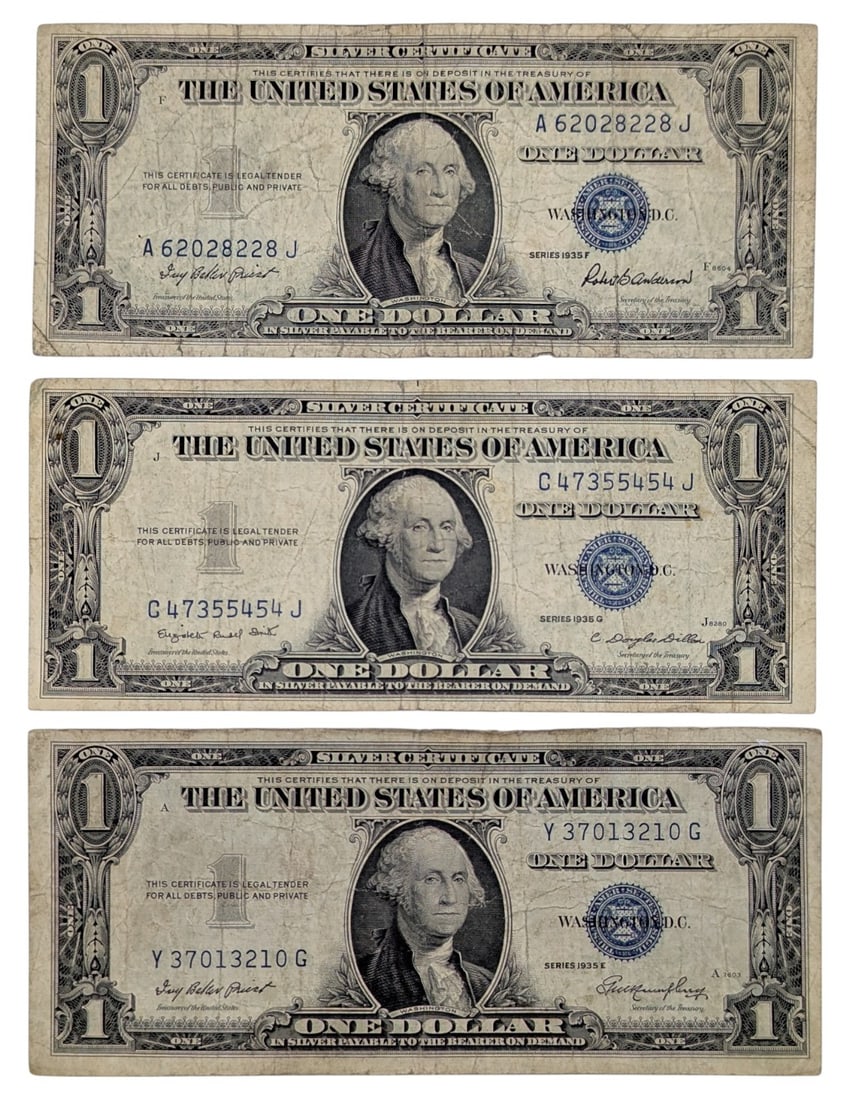 Lot of 3 - 1935 E/F/G $1 Notes - Silver Certificates (1 of 2)
