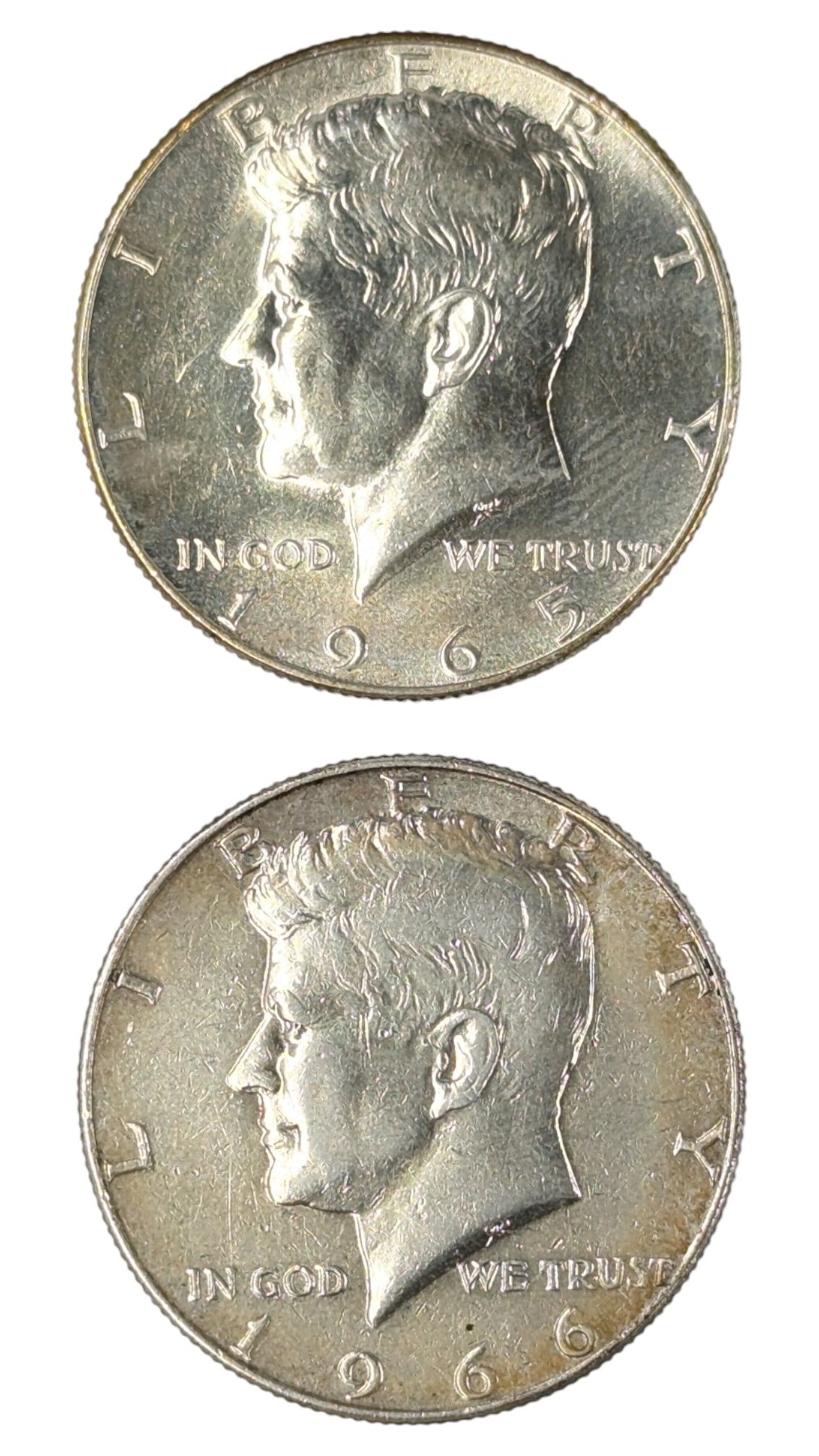 Lot of 2 Silver John F Kennedy Half Dollars - 1965, 1966: 40% Silver