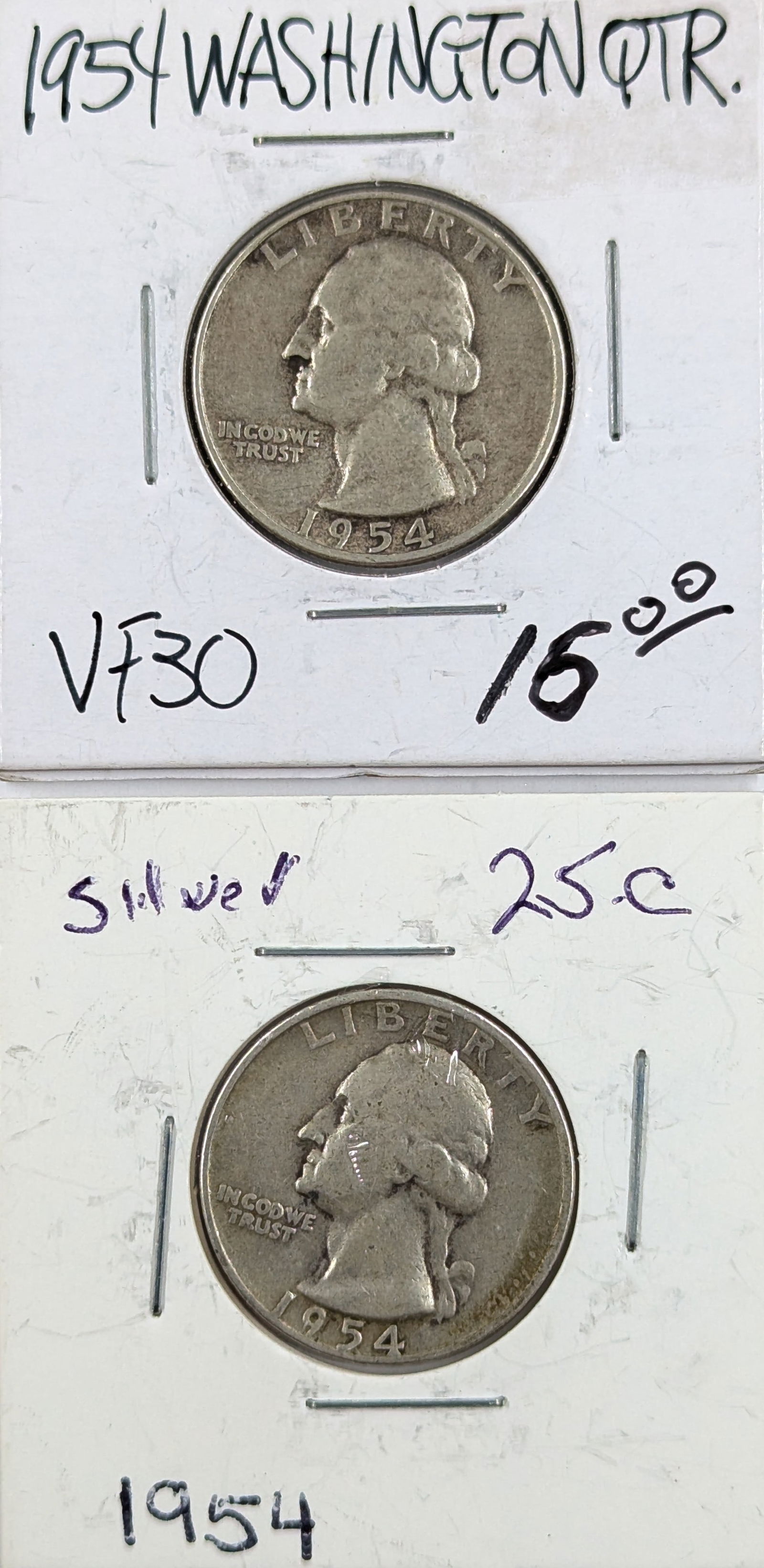 Lot of 2 Silver Washington Quarters - 1954 P/D (1 of 2)